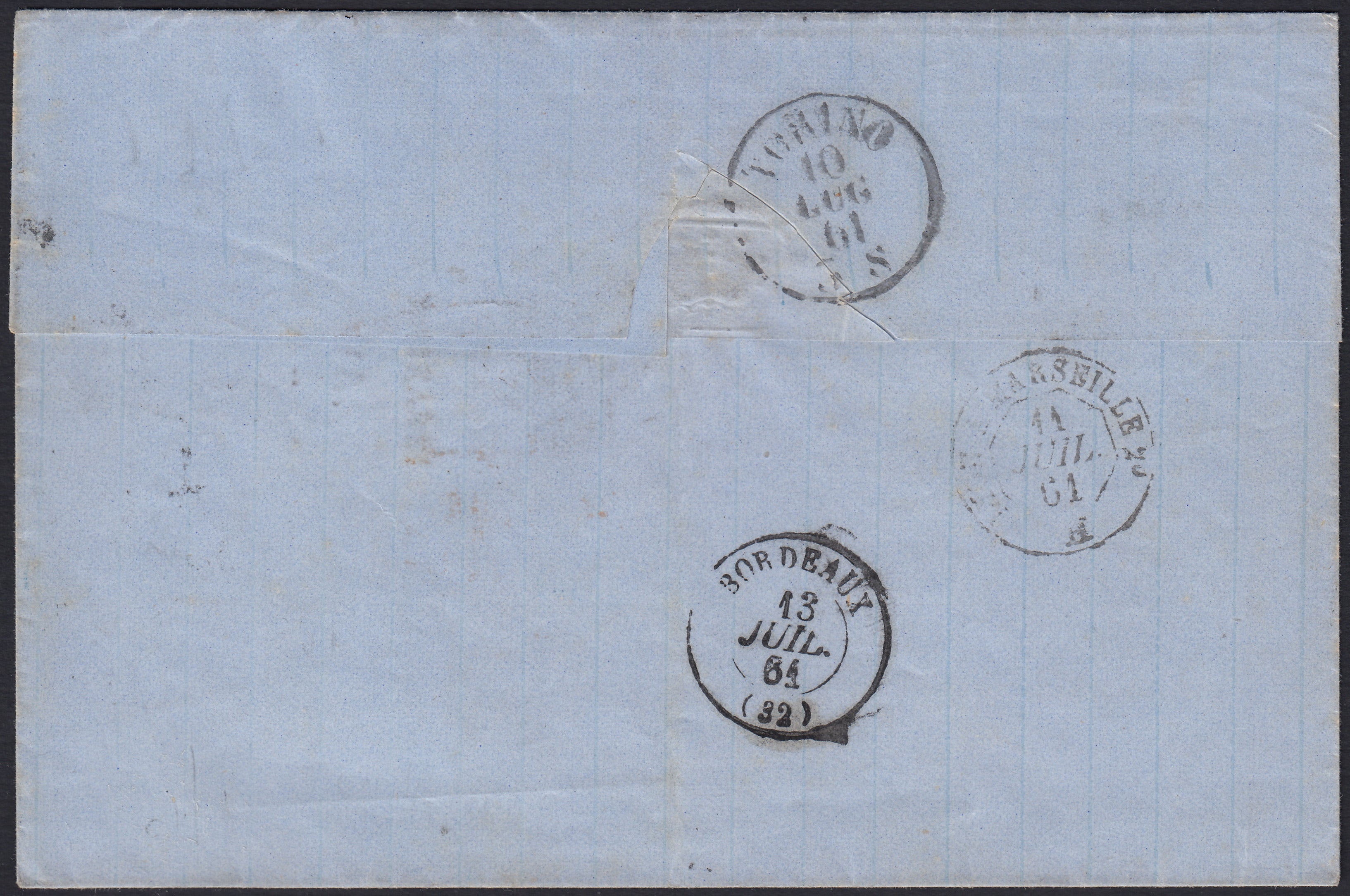 BA26_161 - 1861 - Lettera spedita da Genova per Bordeaux 10/7/61 affrancata con c. 20 azzurro oltremare due valori (15Da)