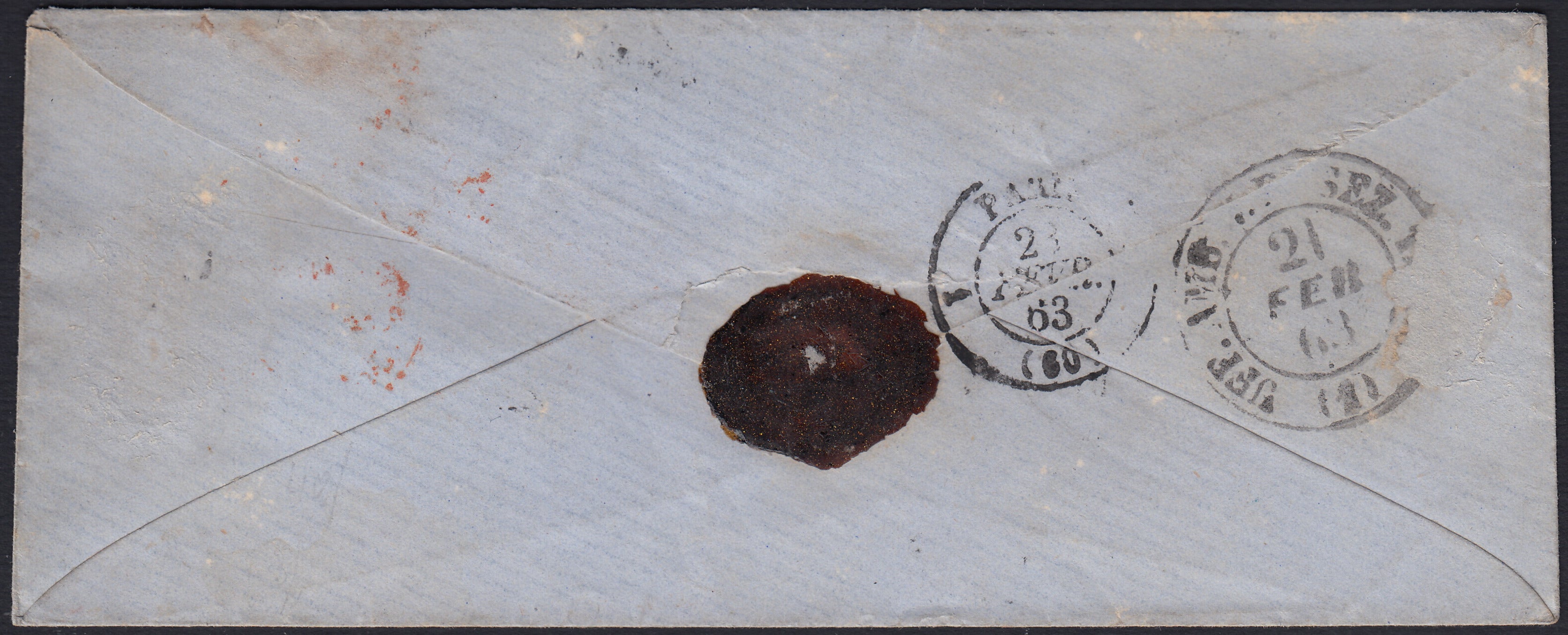 BA26_163 - 1863 - Lettera spedita da Milano per Parigi 21/2/63 affrancata con c. 30 rosso vermiglio obliterato con parte del P.D. (16Da)