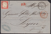 BA26_165 - 1861 - IV emissione, c. 40 rosso vermiglio su lettera da BOLOGNA per Lione 17/4/62 (16Da)