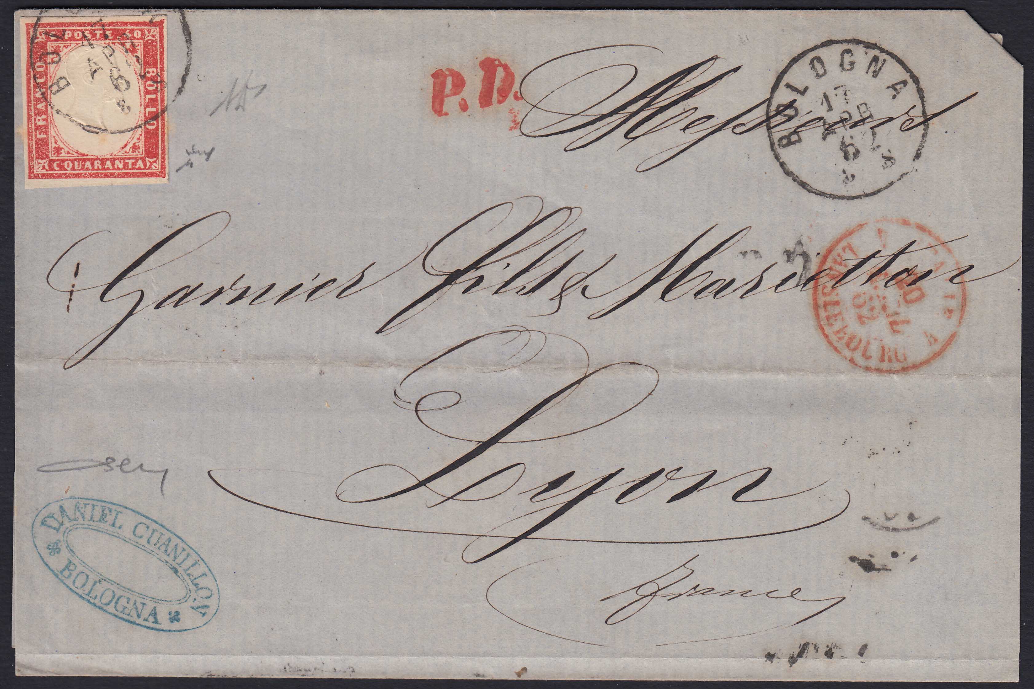 BA26_165 - 1861 - IV emissione, c. 40 rosso vermiglio su lettera da BOLOGNA per Lione 17/4/62 (16Da)