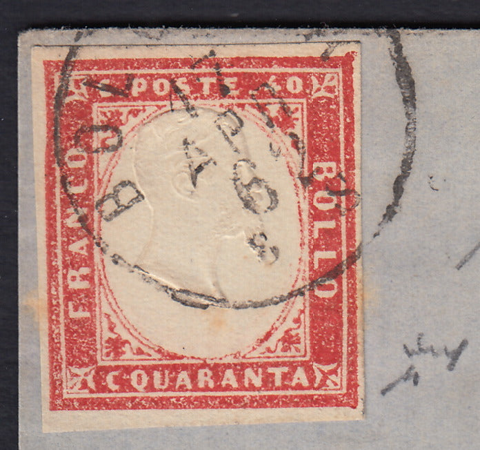 BA26_165 - 1861 - IV emissione, c. 40 rosso vermiglio su lettera da BOLOGNA per Lione 17/4/62 (16Da)