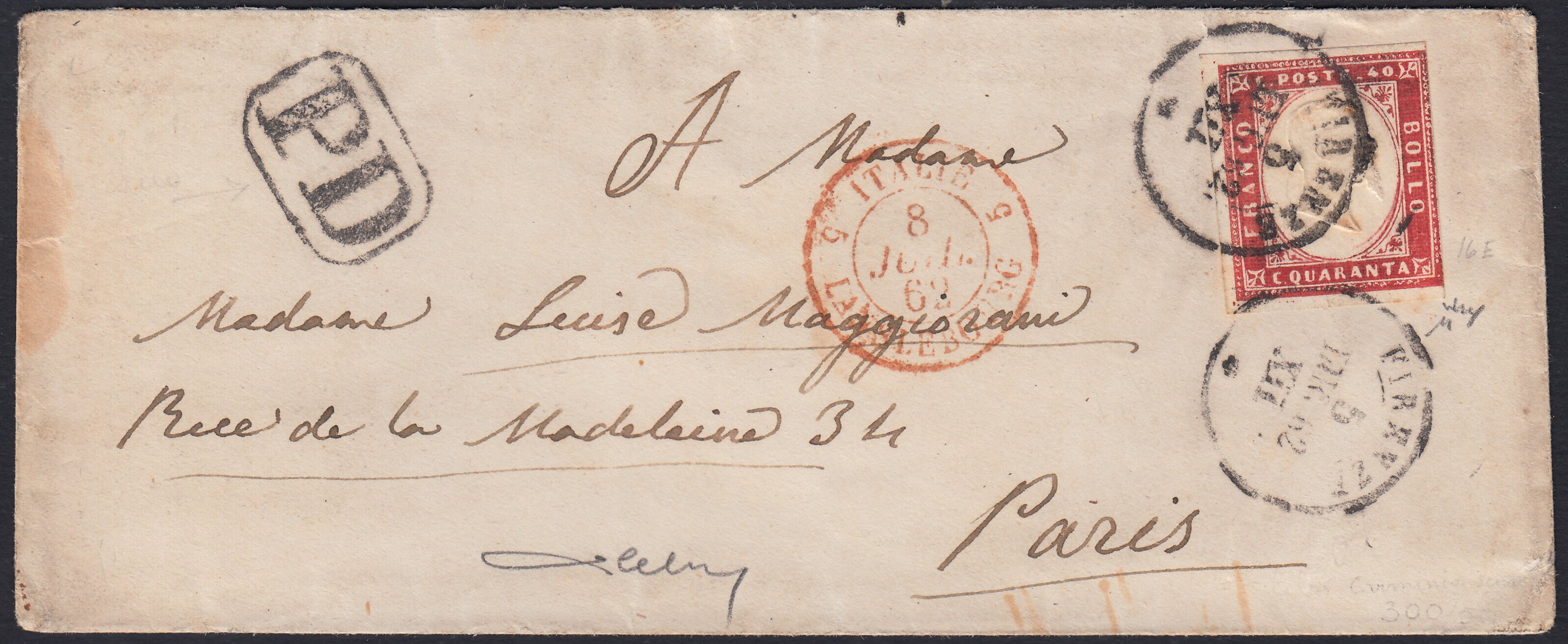BA26_170 - 1862 - IV emissione c. 40 carminio tiratura 1860 isolato su lettera da Firenze per Parigi 5/7/62 (16Ca)