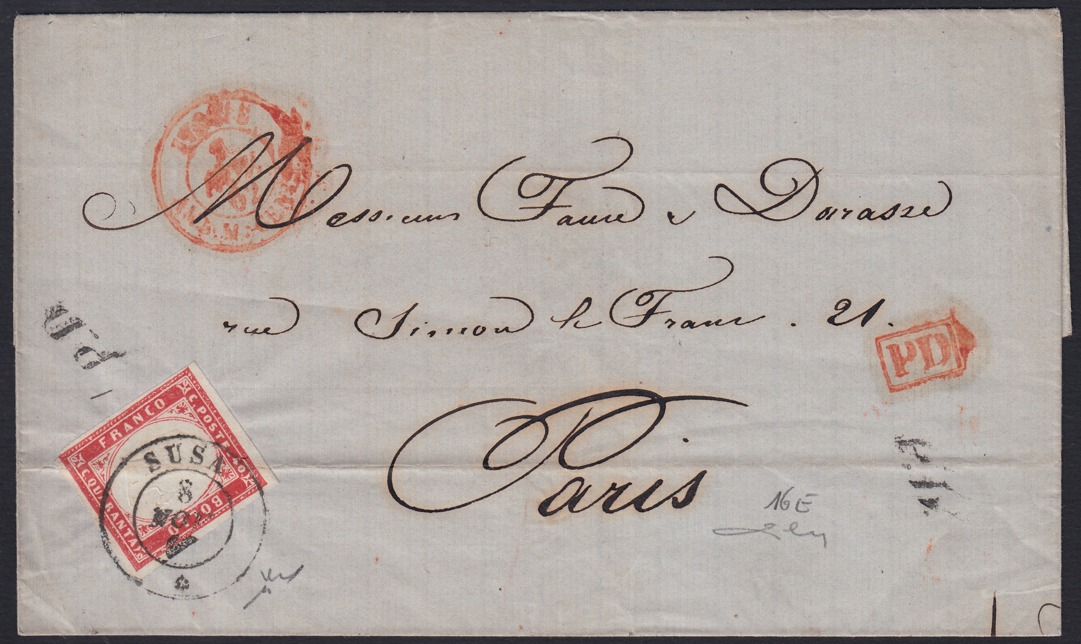 BA26_173 - 1863 - Lettera spedita da Susa per Parigi 8/1/62 affrancata con c. 40 rosa carminio (16E)