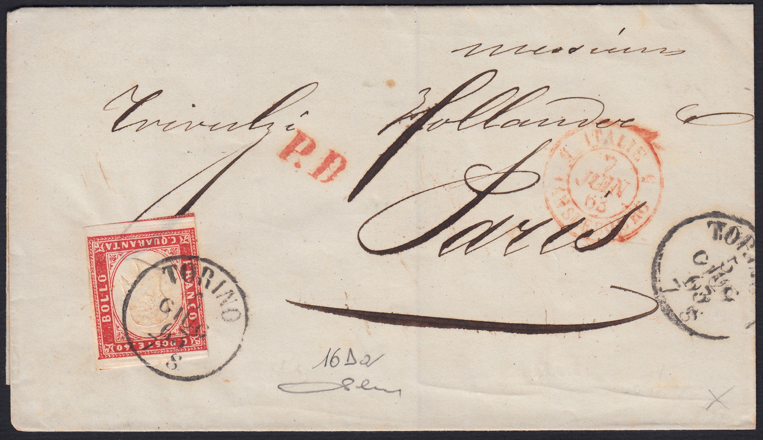BA26_178 - 1861 - Lettera spedita da Torino per Parigi 5/6/63 affrancata con c. 40 rosso vermiglio (16Da)