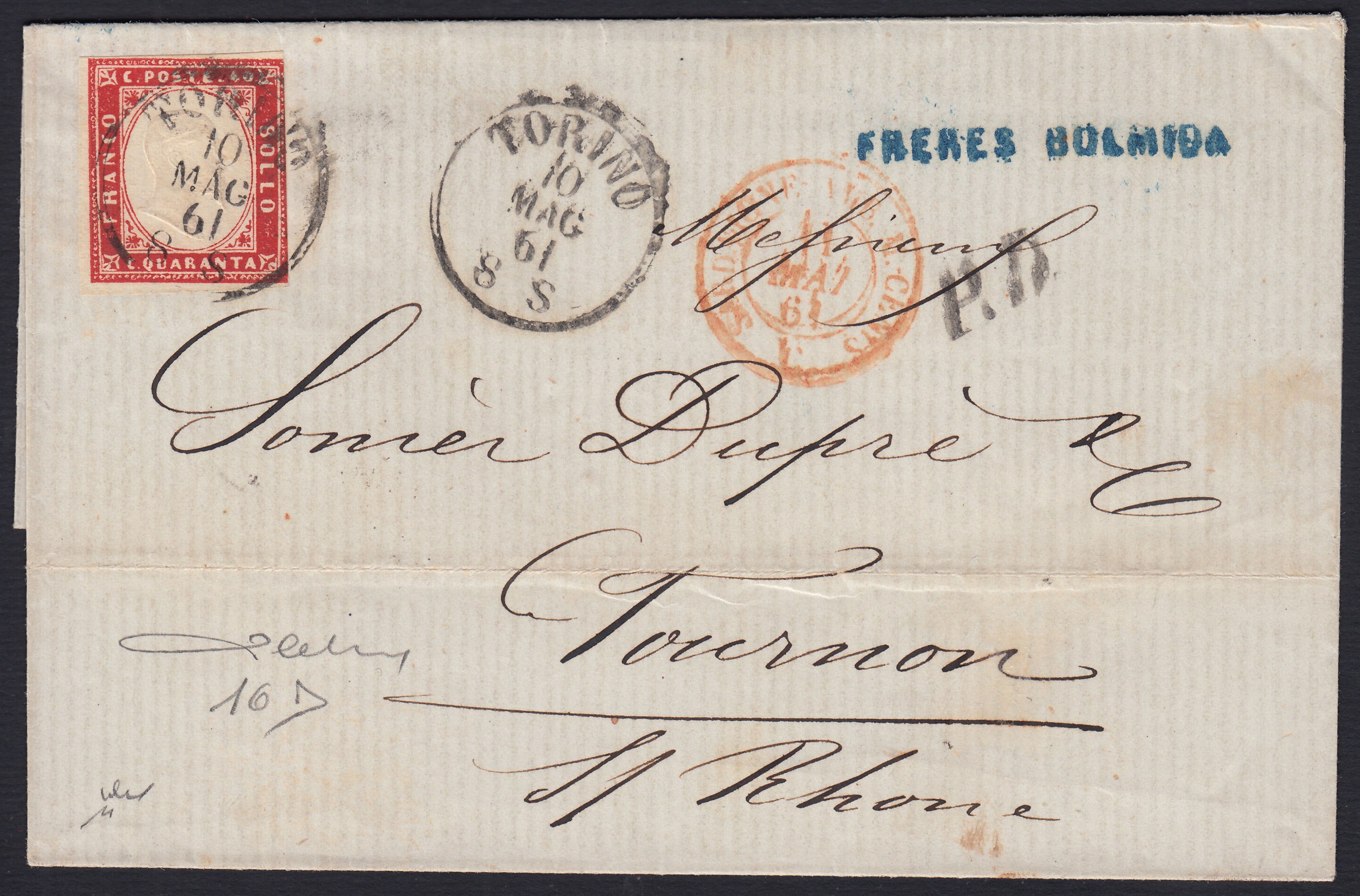 BA26_181 - 1861 - Lettera spedita da Torino per Tournon 24/10/61 affrancata con c. 40 rosso carminio (16D)