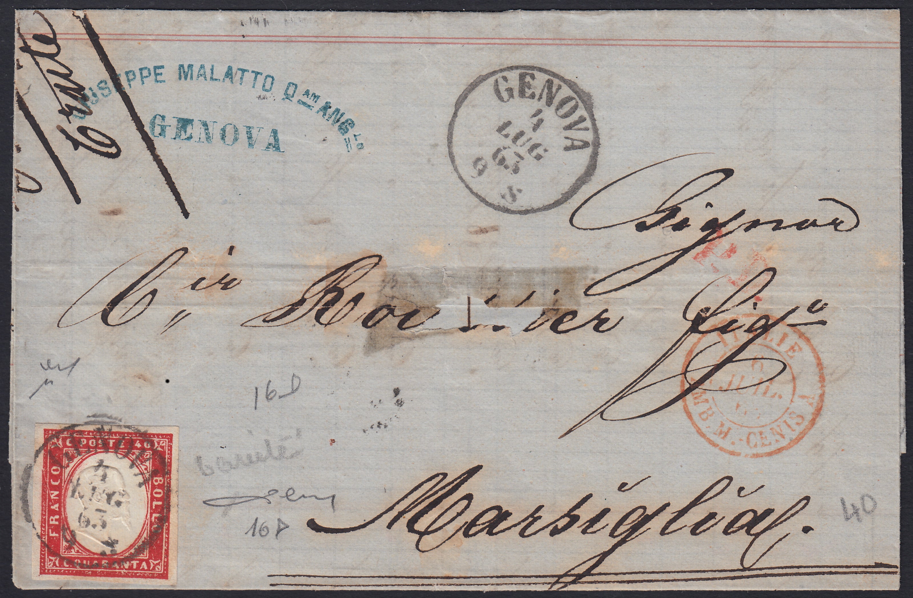 BA26_182 - 1863 - Lettera spedita da Genova per Marsiglia 4/7/63 affrancata con c. 40 rosso carminio (16D)