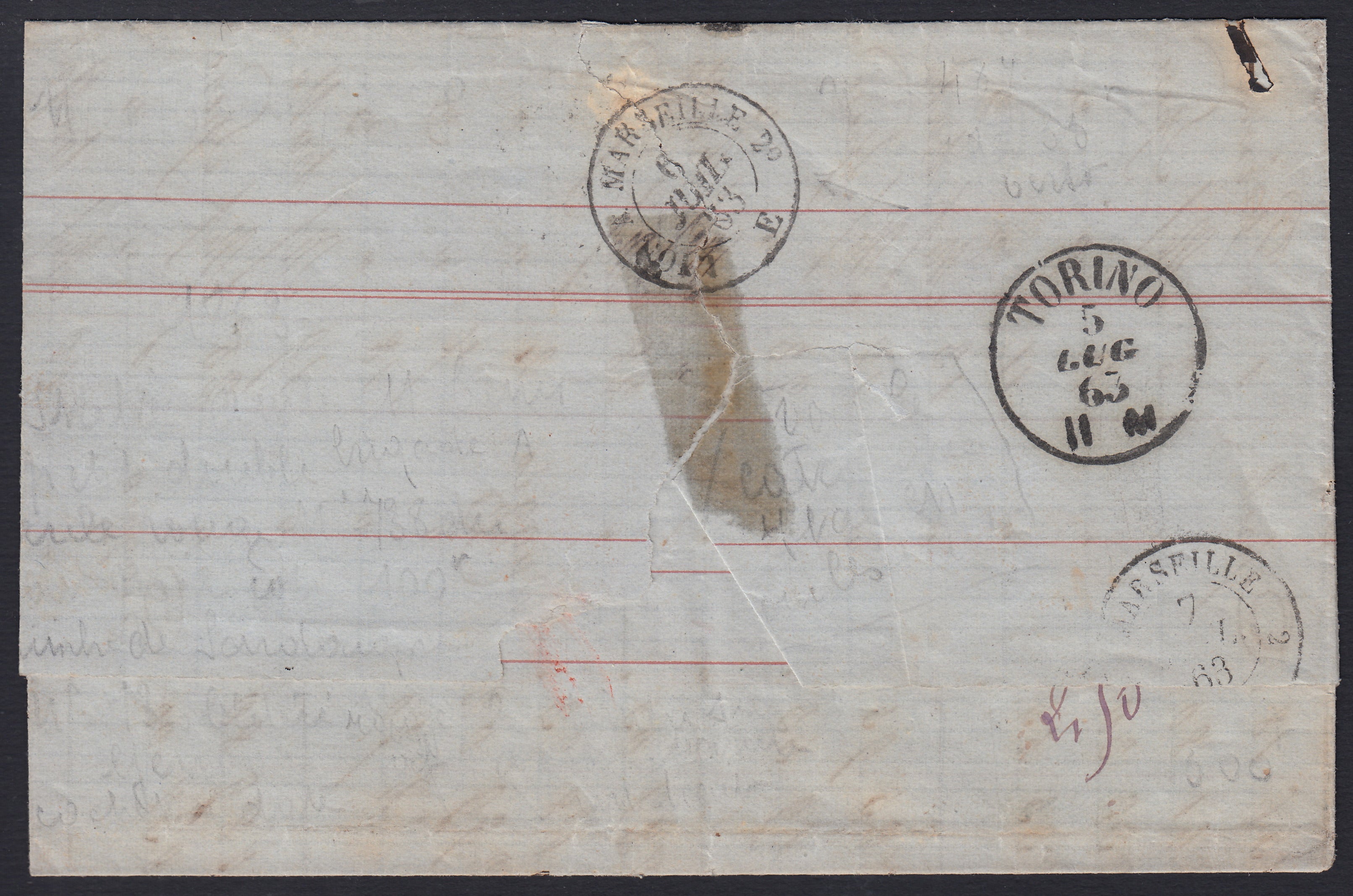 BA26_182 - 1863 - Lettera spedita da Genova per Marsiglia 4/7/63 affrancata con c. 40 rosso carminio (16D)