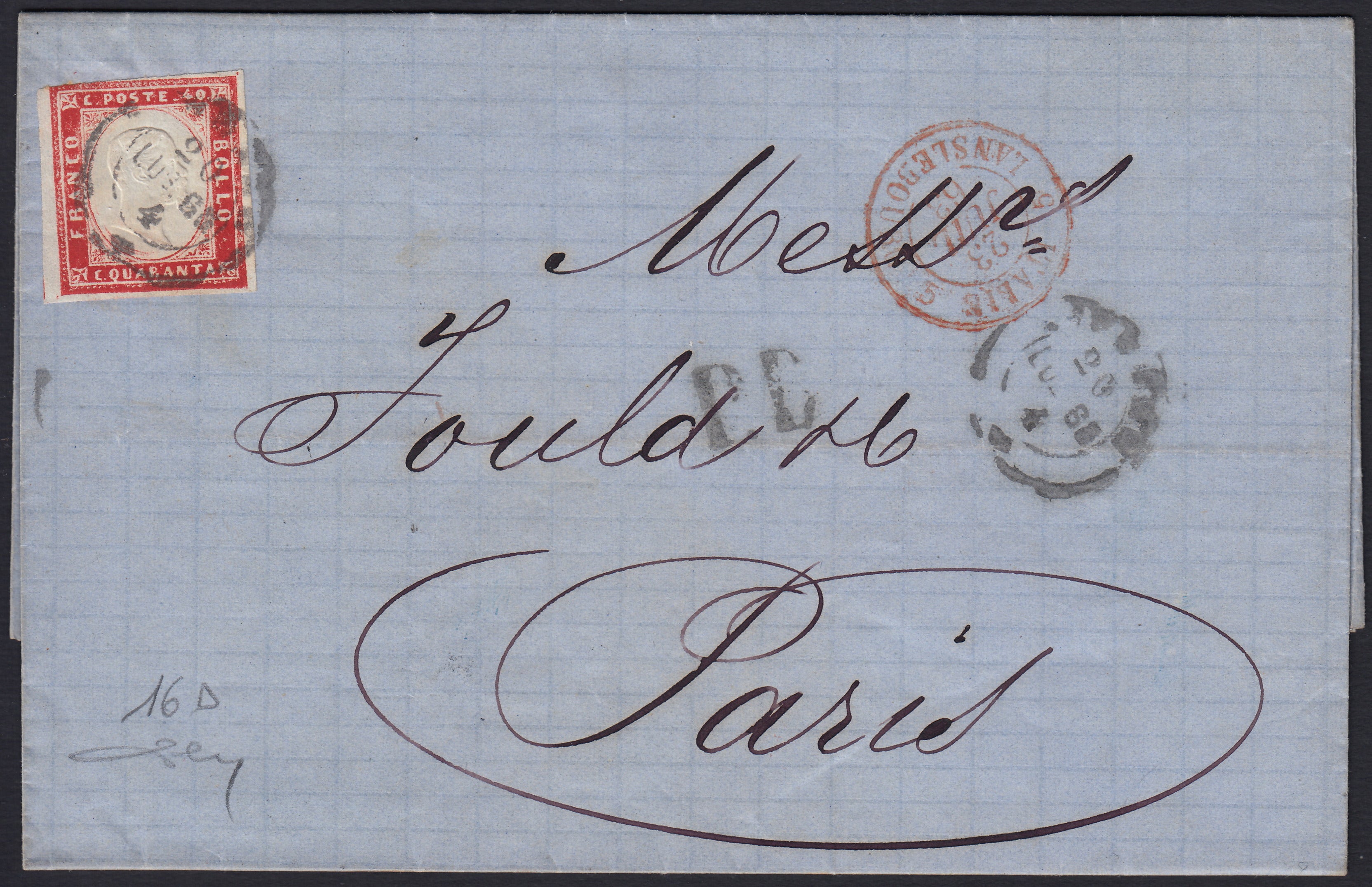 BA26_183 - 1862 - Lettera spedita da Firenze per Parigi 29/7/62 affrancata con c. 40 rosso carminio (16D)