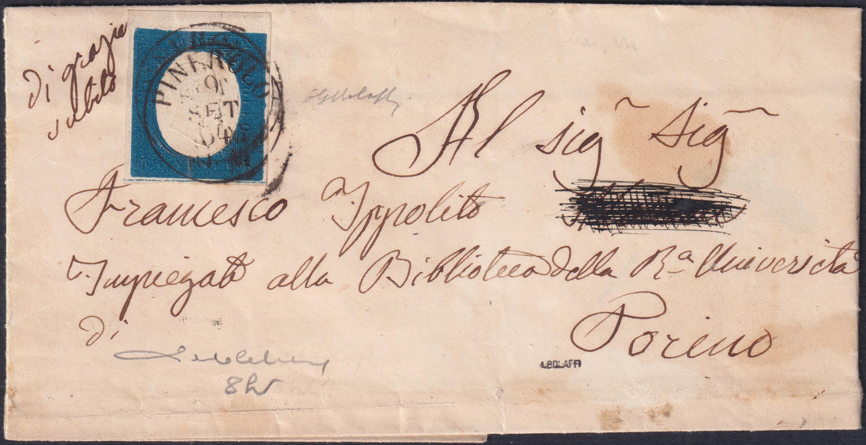 BA26_1 - 1854 - III emissione c. 20 azzurro con varietà "Linea di riquadro inferiore" pos. 5 del foglio su lettera da PImerolo per Torino 9/9/63 (8h)