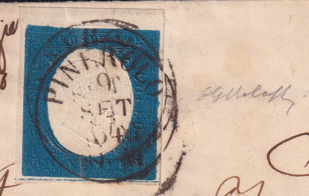 BA26_1 - 1854 - III emissione c. 20 azzurro con varietà "Linea di riquadro inferiore" pos. 5 del foglio su lettera da PImerolo per Torino 9/9/63 (8h)