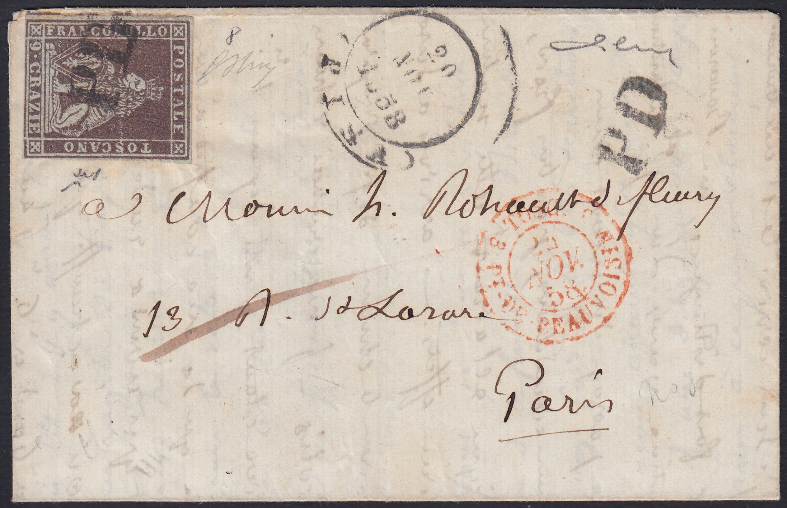 BA26_208 - 1858 - I emissione 9 crazie bruno violaceo su carta grigia e filigrana corona isolato su lettera da Pisa per Parigi 20/11/58 (8)