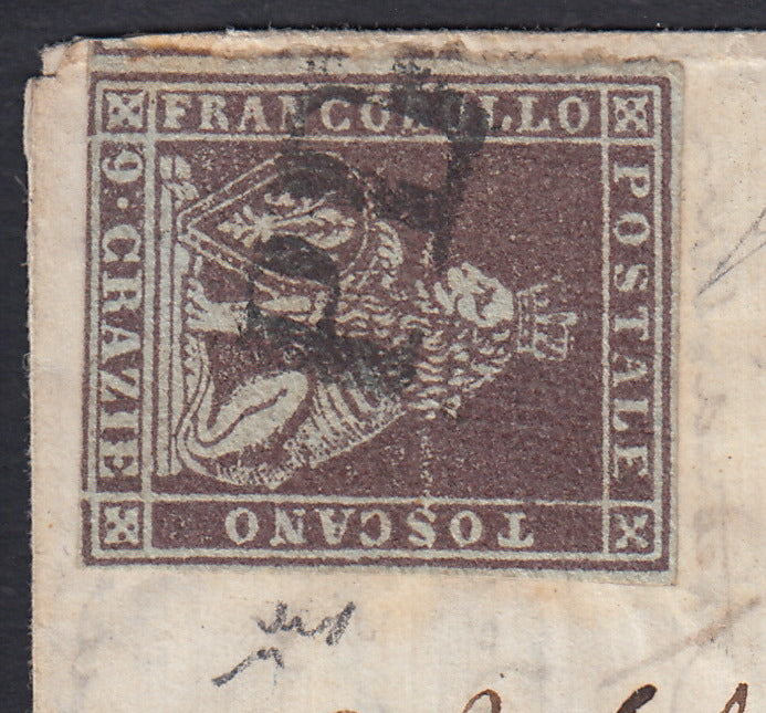 BA26_208 - 1858 - I emissione 9 crazie bruno violaceo su carta grigia e filigrana corona isolato su lettera da Pisa per Parigi 20/11/58 (8)