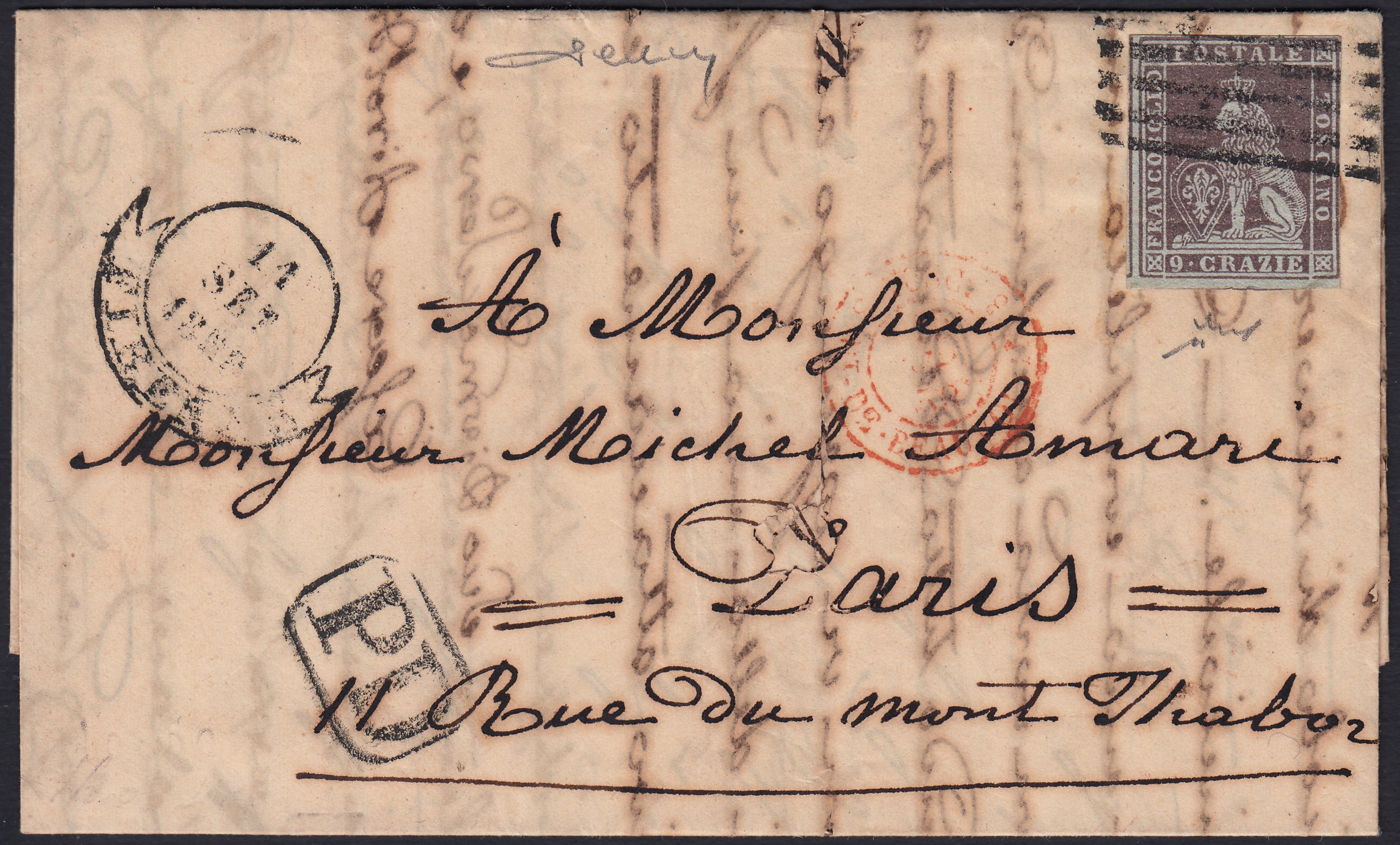 BA26_209 - 1858 - I emissione 9 crazie bruno violaceo su carta grigia e filigrana corona isolato su lettera da Firenze per Parigi 11/9/58 (8)