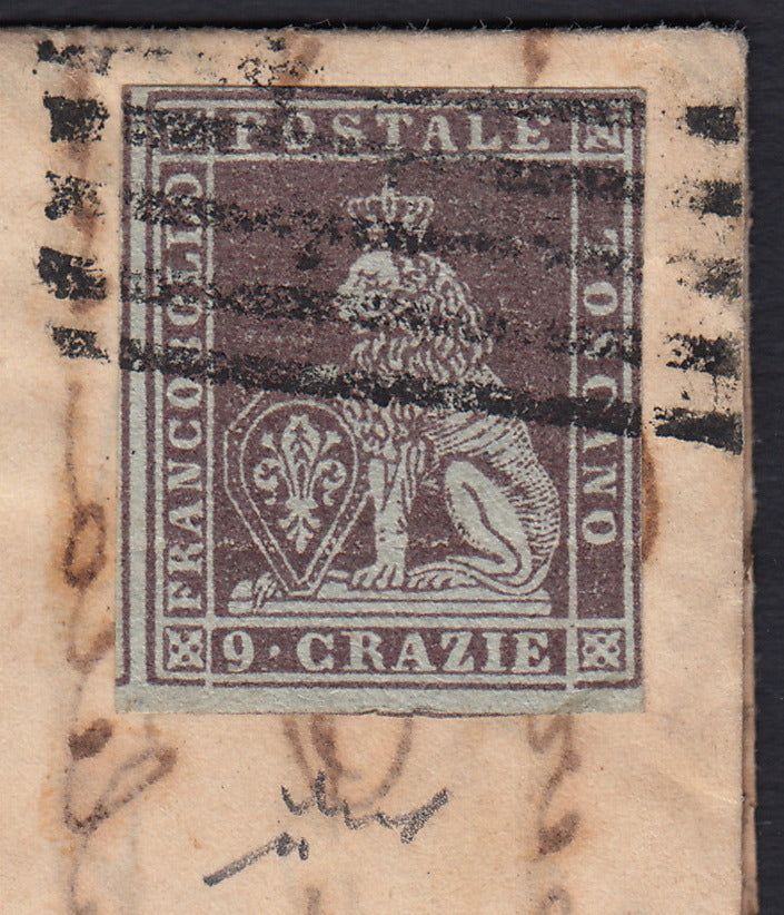 BA26_209 - 1858 - I emissione 9 crazie bruno violaceo su carta grigia e filigrana corona isolato su lettera da Firenze per Parigi 11/9/58 (8)