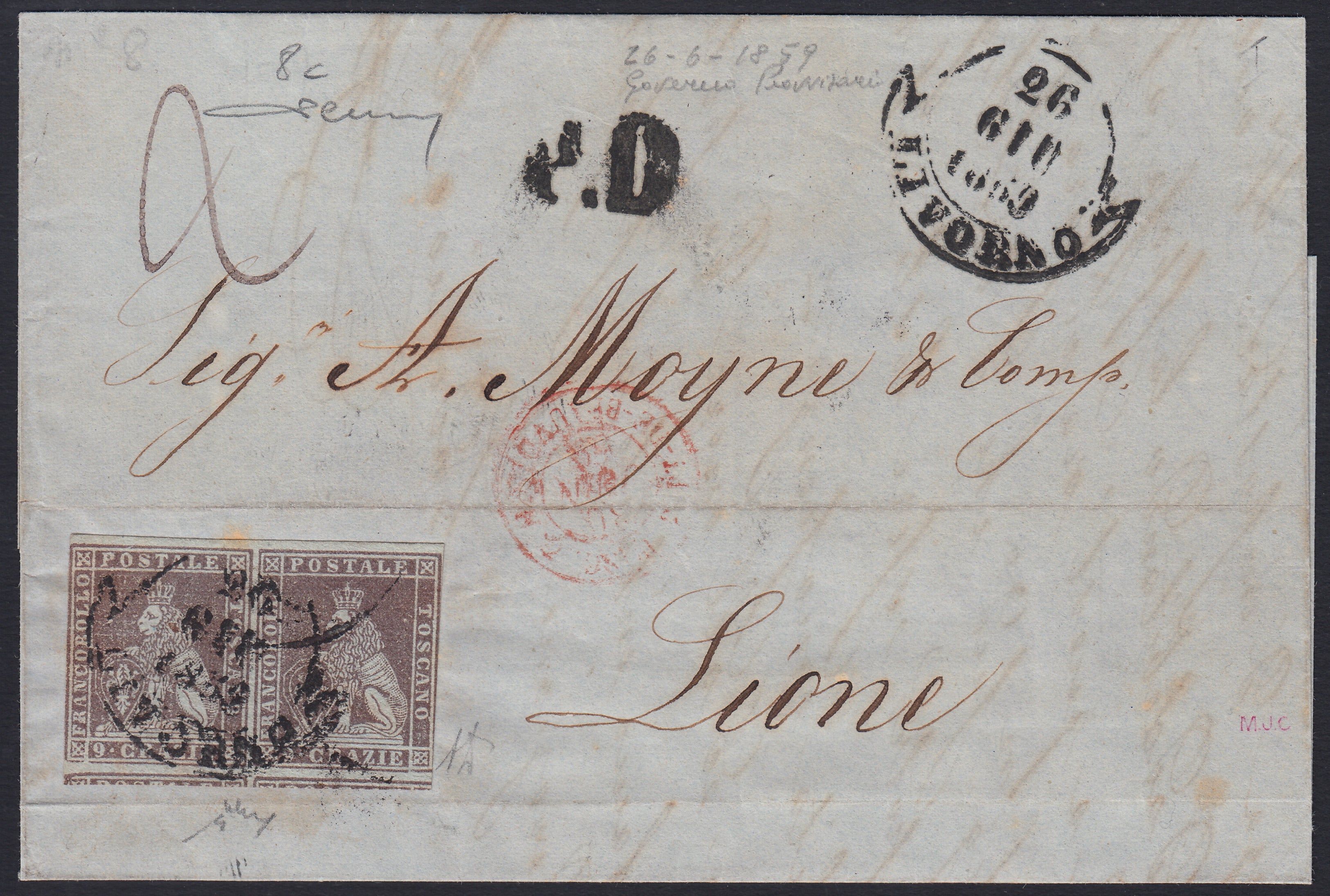 BA26_212 - 1859 - I emissione 9 crazie bruno violaceo chiaro su carta grigia e filigrana corona coppia orizzontale su lettera da Livorno per Lione 26/6/59  (8c)