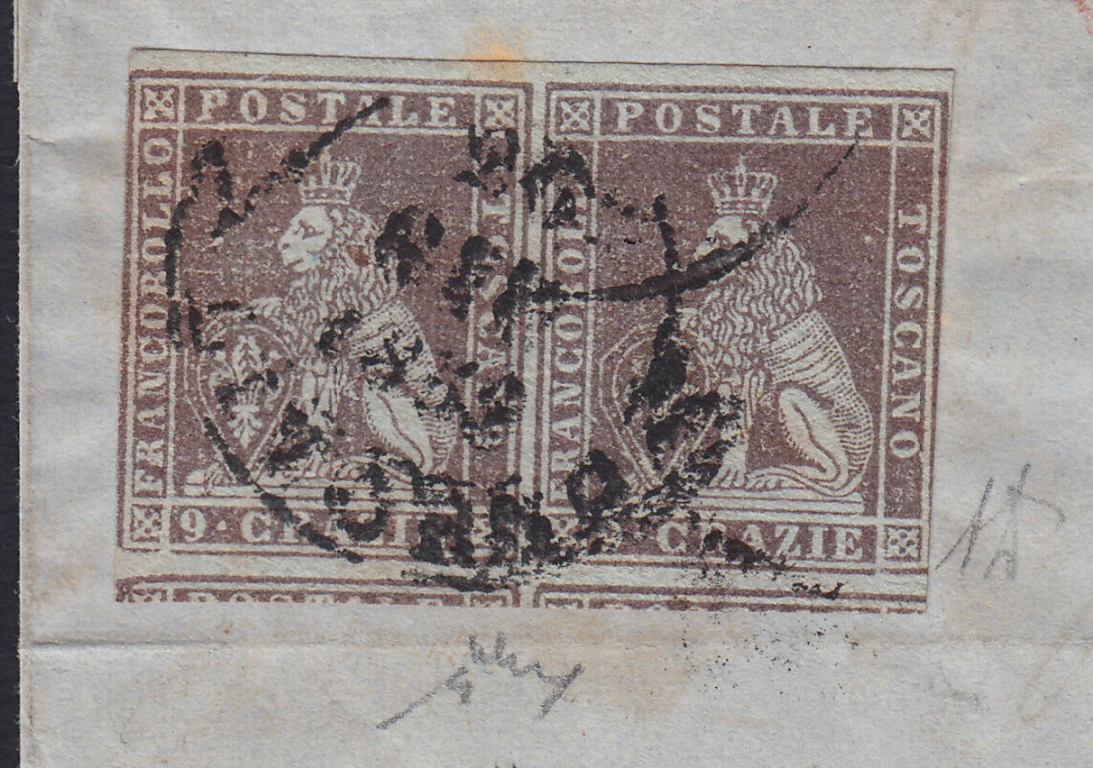 BA26_212 - 1859 - I emissione 9 crazie bruno violaceo chiaro su carta grigia e filigrana corona coppia orizzontale su lettera da Livorno per Lione 26/6/59  (8c)