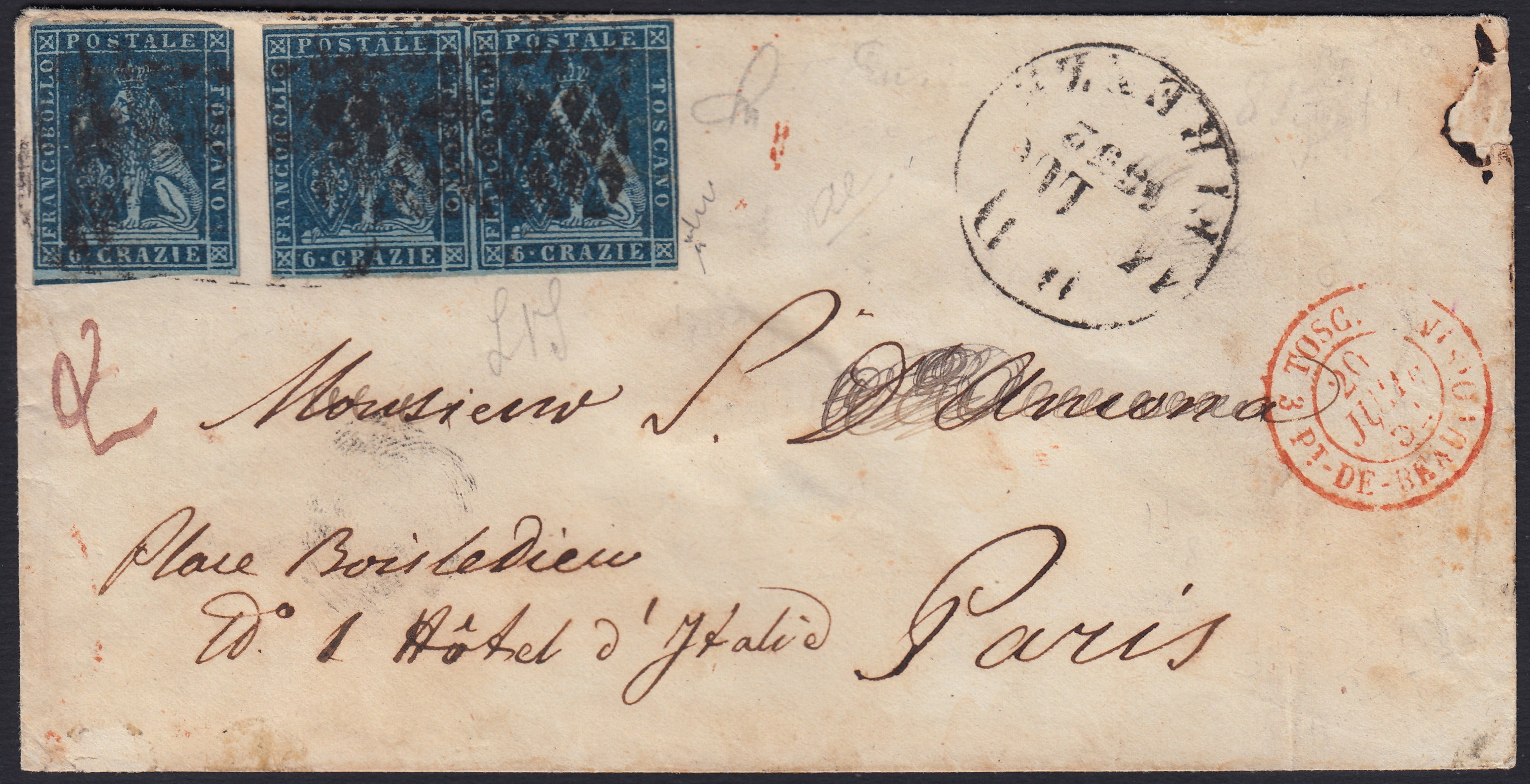 BA26_217 - 1852 - I emissione 6 crazie azzurro scuro su carta azzurra e filigrana corona coppia orizzontale + singolo su lettera da Firenze per Parigi 14/7/52 (7b)