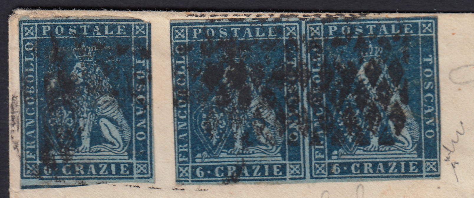 BA26_217 - 1852 - I emissione 6 crazie azzurro scuro su carta azzurra e filigrana corona coppia orizzontale + singolo su lettera da Firenze per Parigi 14/7/52 (7b)
