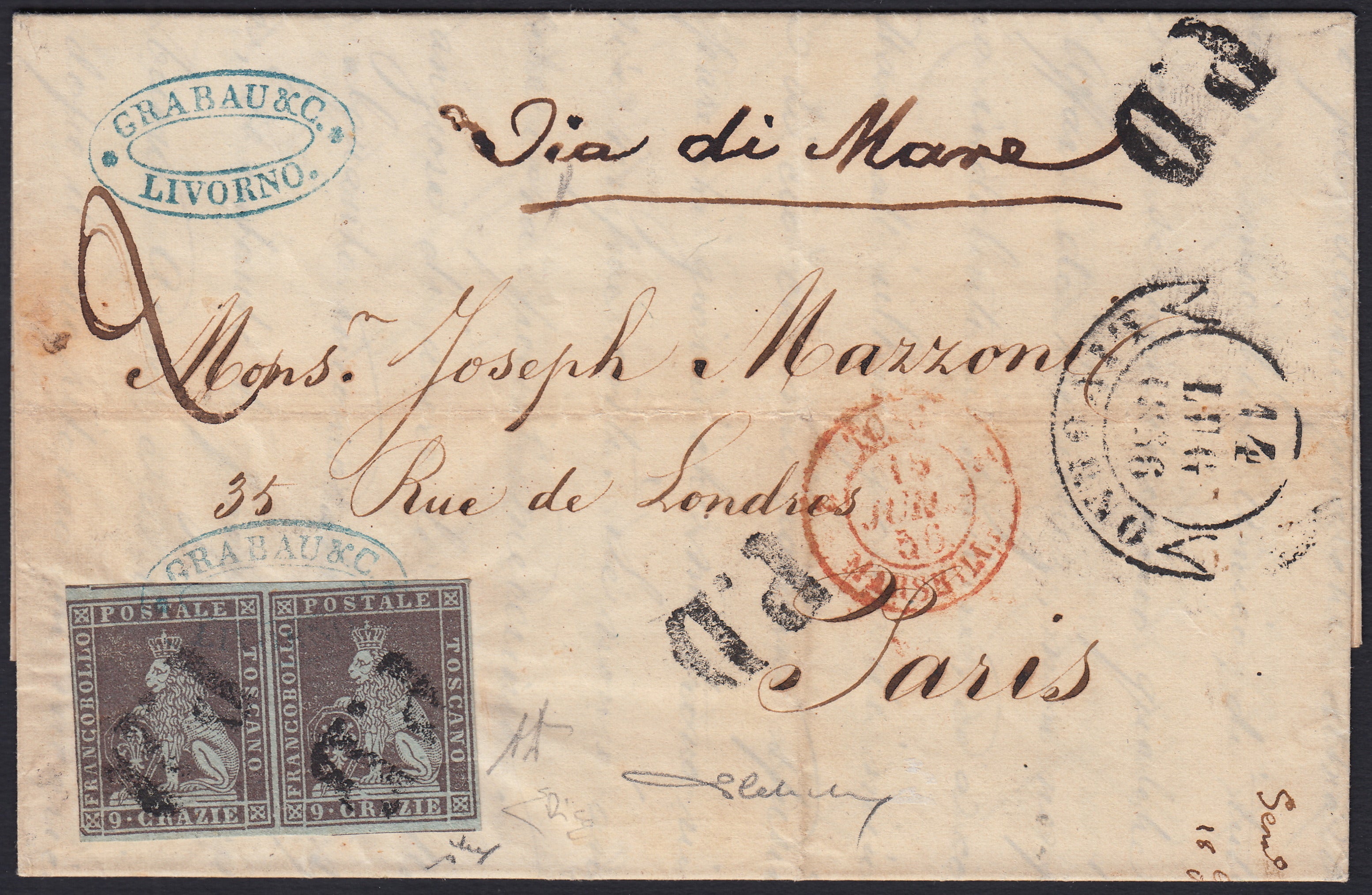 BA26_219 - 1858 - I emissione 9 crazie bruno violaceo su carta azzurra e filigrana corona coppia orizzontale su lettera da Llivorno per Parigi 14/7/56 (8b)