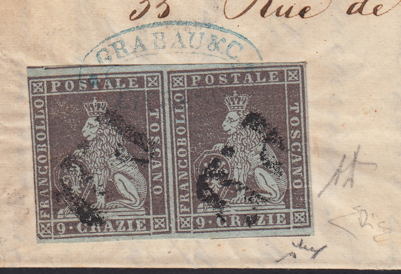 BA26_219 - 1858 - I emissione 9 crazie bruno violaceo su carta azzurra e filigrana corona coppia orizzontale su lettera da Llivorno per Parigi 14/7/56 (8b)