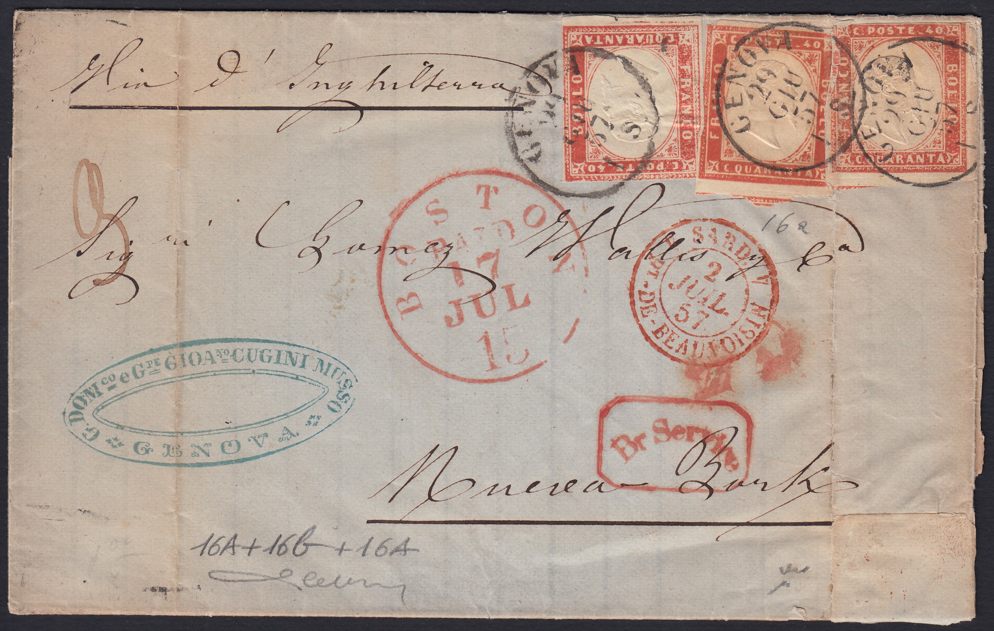 BA26_220 - 1861 - Lettera spedita da Genova per New York 29/6/57 affrancata con c. 40 vermigio scuro + c. 40 rosso scarlatto x 2 (16b + 16A)