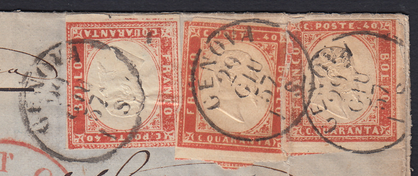 BA26_220 - 1861 - Lettera spedita da Genova per New York 29/6/57 affrancata con c. 40 vermigio scuro + c. 40 rosso scarlatto x 2 (16b + 16A)