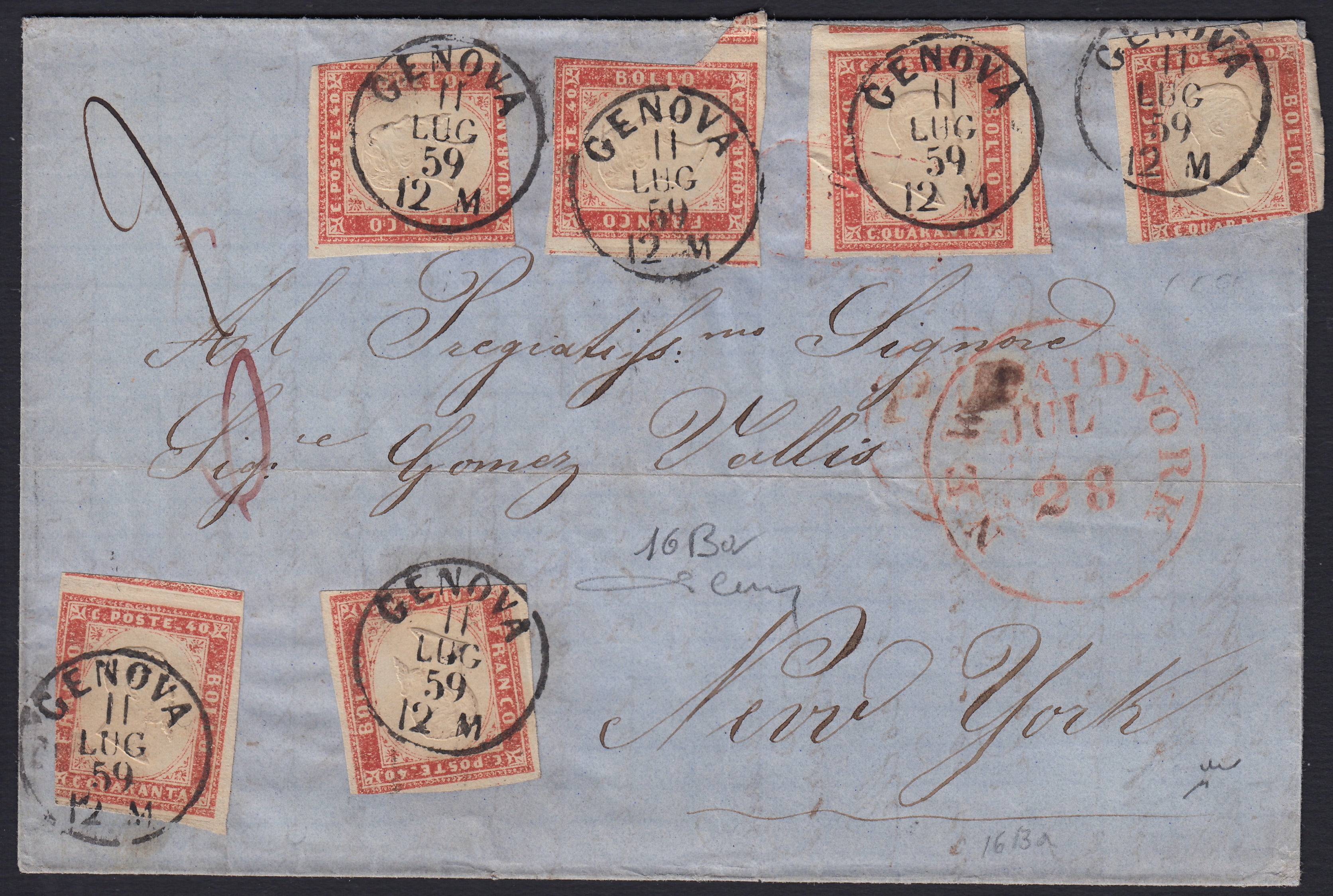 BA26_221 - 1861 - Lettera spedita da Genova per New York 11/7/59 affrancata con c. 40 vermiglio mattone tiratura 1859 sei esemplari (16Ba)