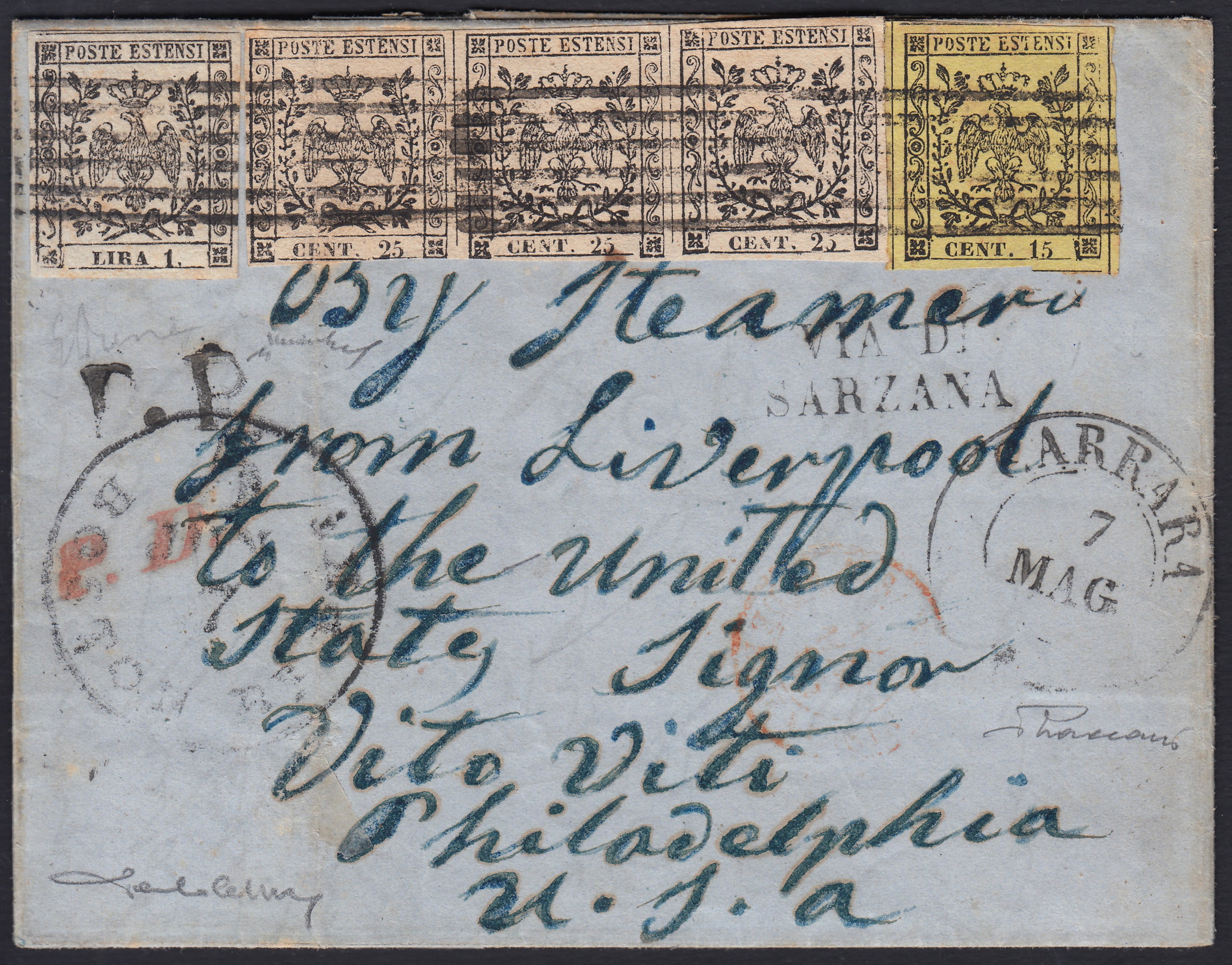 BA26_223 - 1855 - Strepitosa lettera affrancata con c. 15 giallo + c. 25 camoscio chiaro striscia di 3 + L. 1 bianco da Carrara per Philadephia 7/5/1855 (3 + 4 + 11)