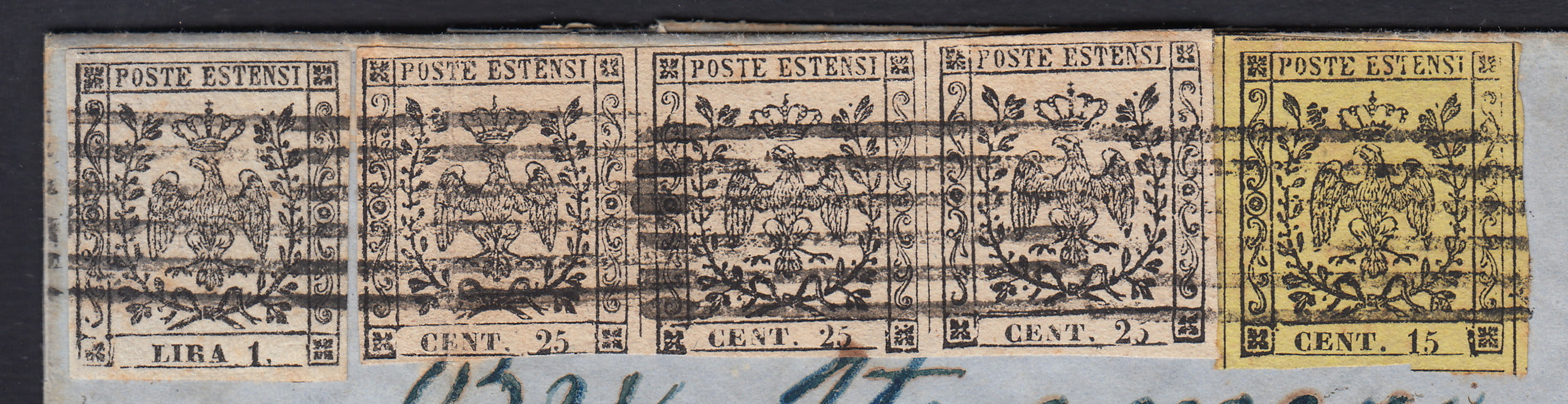 BA26_223 - 1855 - Strepitosa lettera affrancata con c. 15 giallo + c. 25 camoscio chiaro striscia di 3 + L. 1 bianco da Carrara per Philadephia 7/5/1855 (3 + 4 + 11)