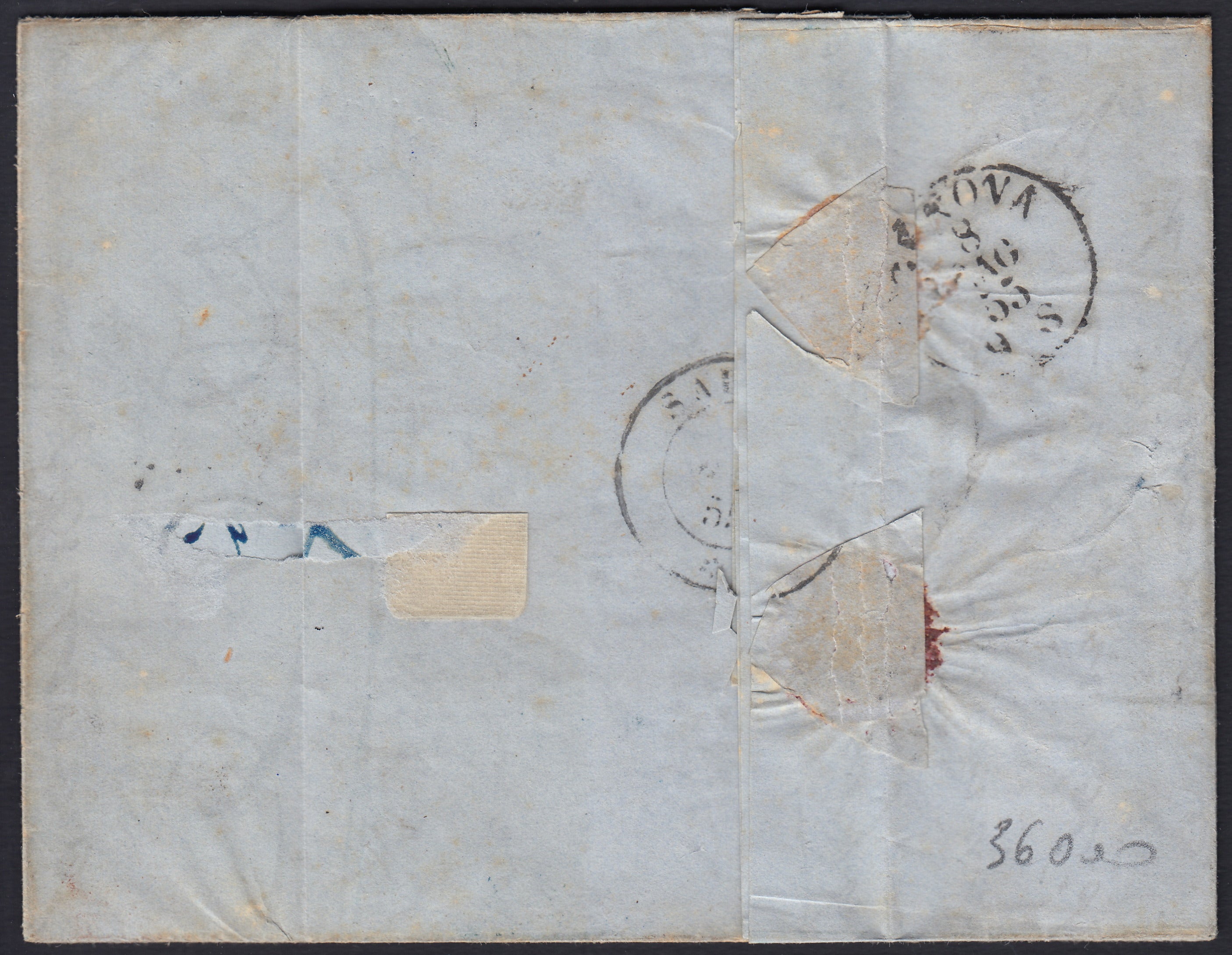 BA26_223 - 1855 - Strepitosa lettera affrancata con c. 15 giallo + c. 25 camoscio chiaro striscia di 3 + L. 1 bianco da Carrara per Philadephia 7/5/1855 (3 + 4 + 11)