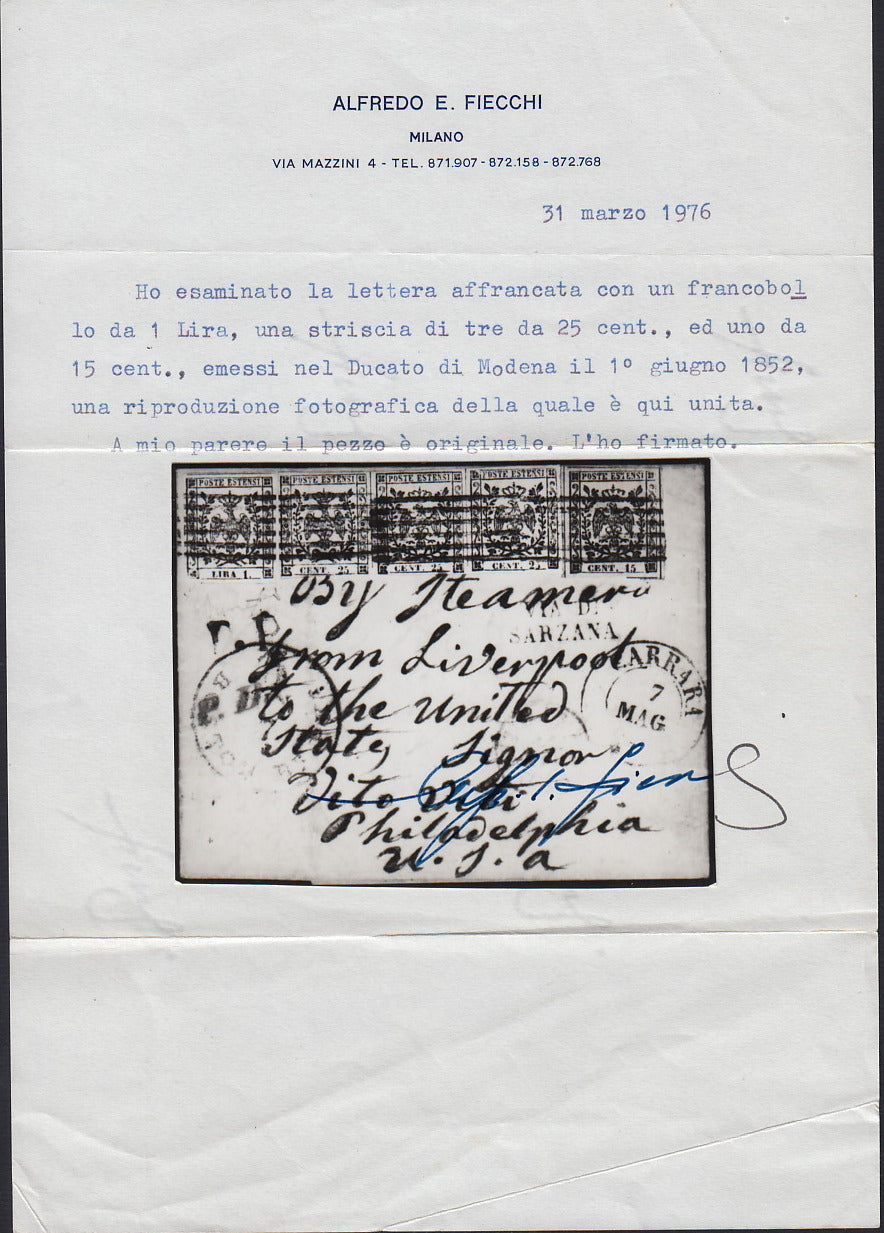 BA26_223 - 1855 - Strepitosa lettera affrancata con c. 15 giallo + c. 25 camoscio chiaro striscia di 3 + L. 1 bianco da Carrara per Philadephia 7/5/1855 (3 + 4 + 11)