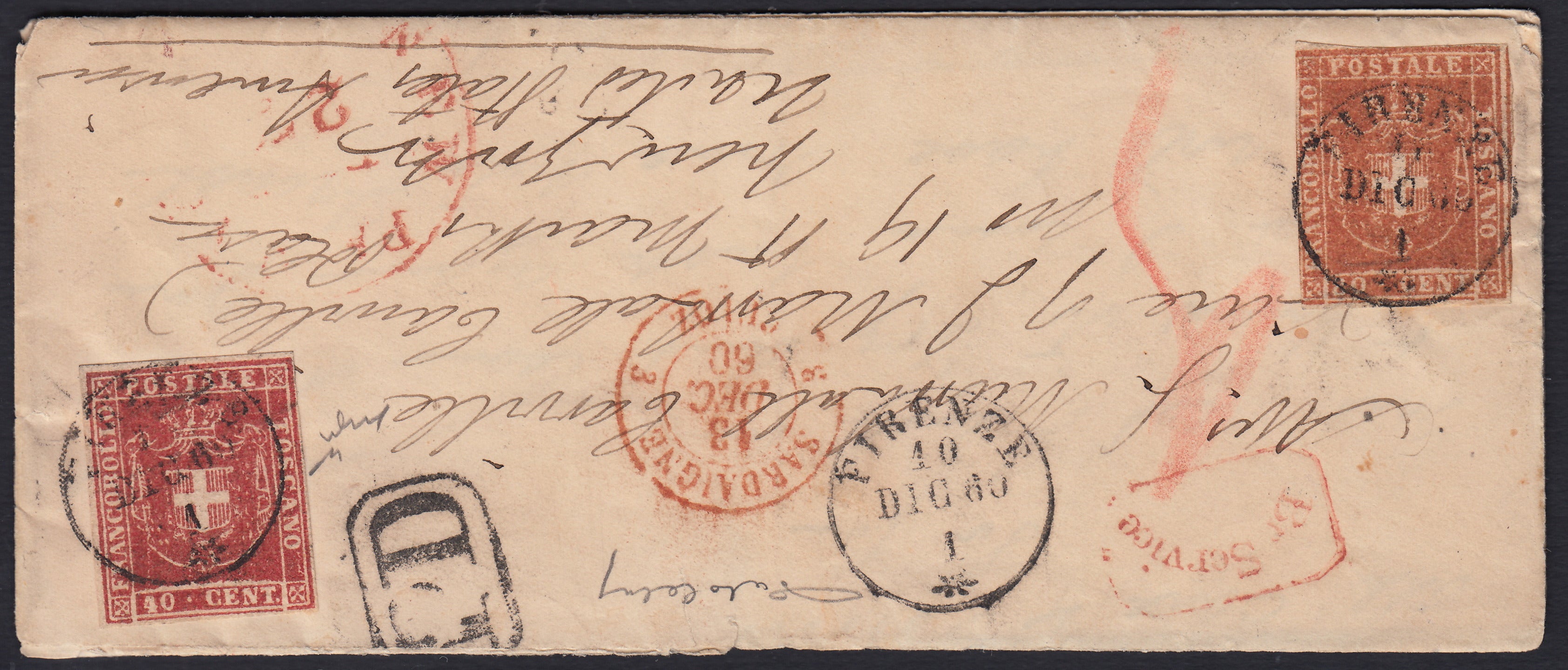 BA26_224 - 1860 - Lettera spedita da Firenze per New York 10/12/60 affrancata con Governo Provvisorio c. 40 carminio brunastro + c. 80 carnicino (21c + 22)