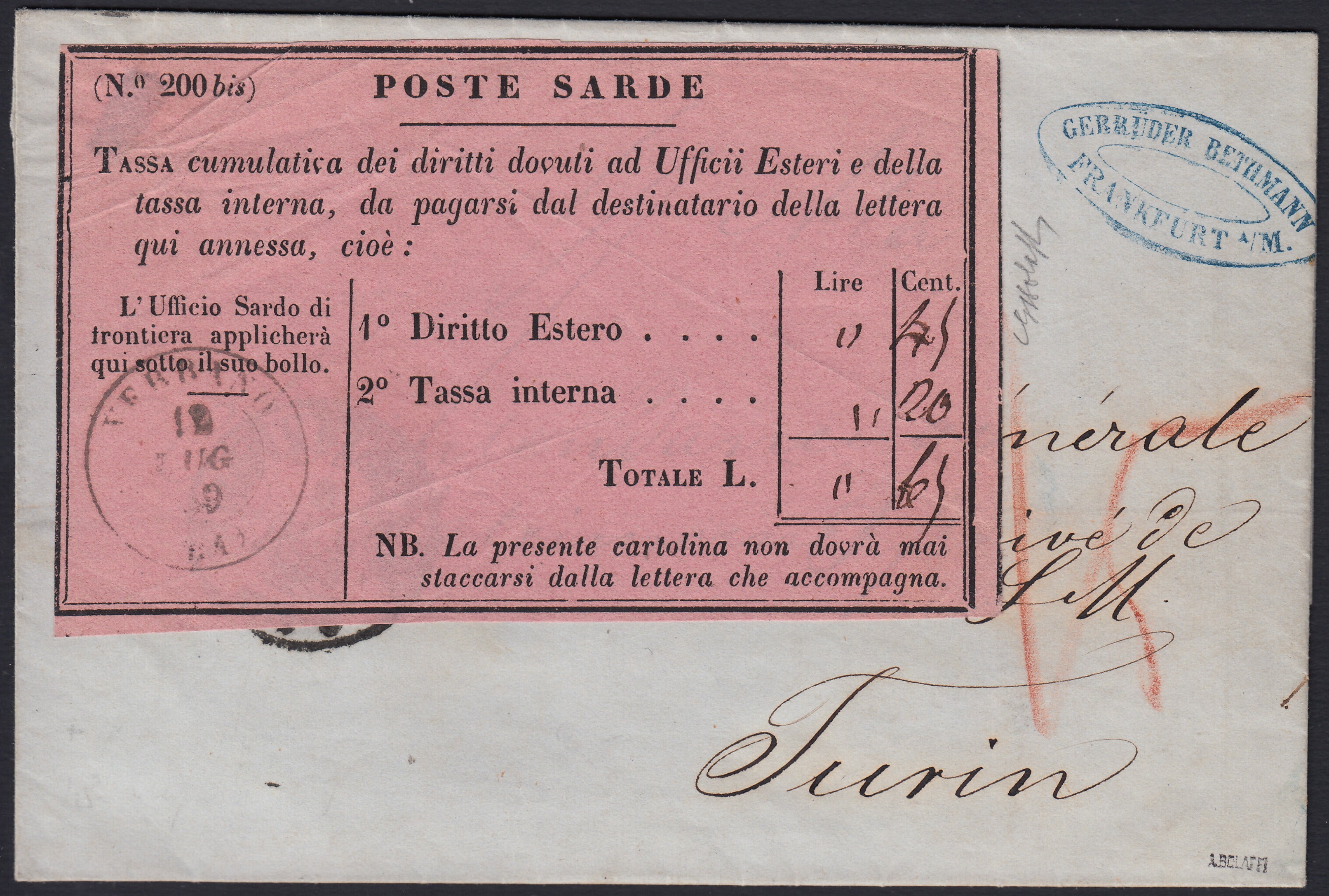 BA26_227 - 1860 - Lettera proveniente da Francoforte e giunta tramite il Verbano a Torino, con segnatasse c. 65 (3).