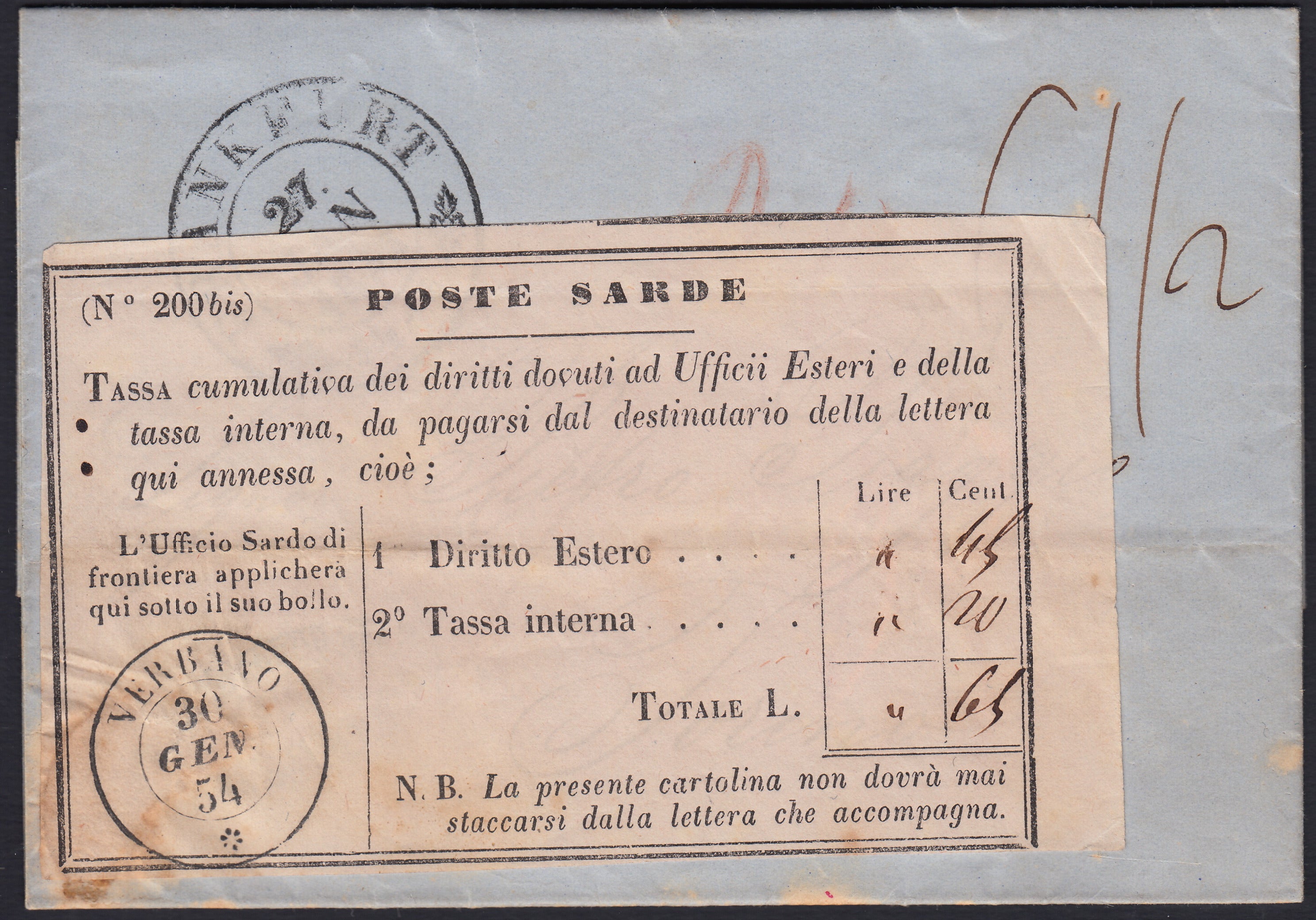 BA26_228 - 1854 - Lettera proveniente da Francoforte e giunta tramite il Verbano a Torino, con segnatasse c. 65 (2A).