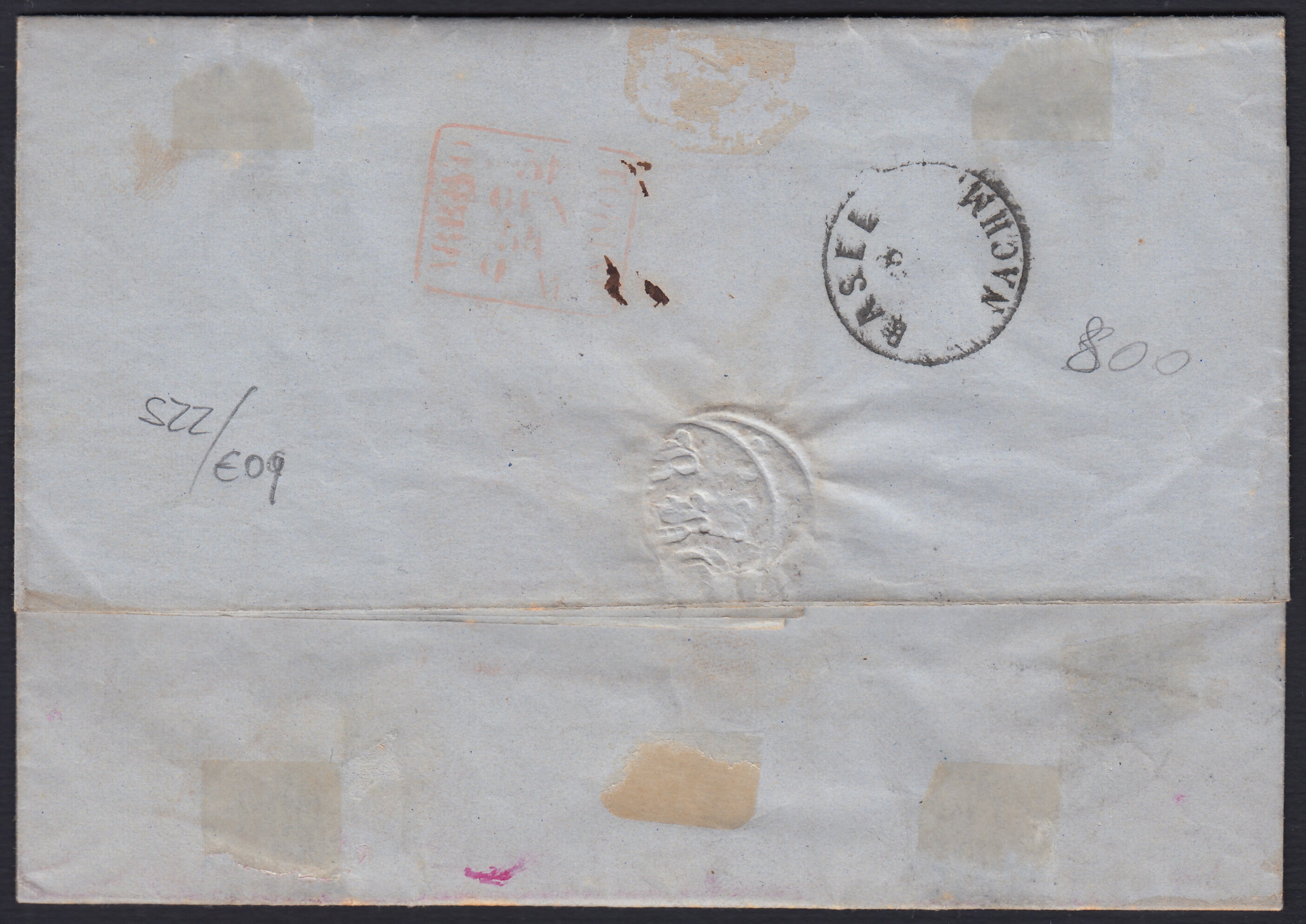BA26_228 - 1854 - Lettera proveniente da Francoforte e giunta tramite il Verbano a Torino, con segnatasse c. 65 (2A).
