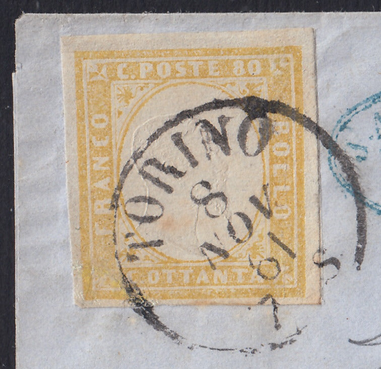 BA26_229 - 1861 - IV emissione c.80 giallo limone olivastro isolato su lettera da Torino per Grenoble 8/11/61 (17Ab)