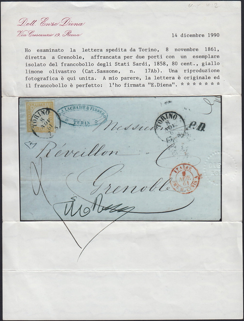 BA26_229 - 1861 - IV emissione c.80 giallo limone olivastro isolato su lettera da Torino per Grenoble 8/11/61 (17Ab)