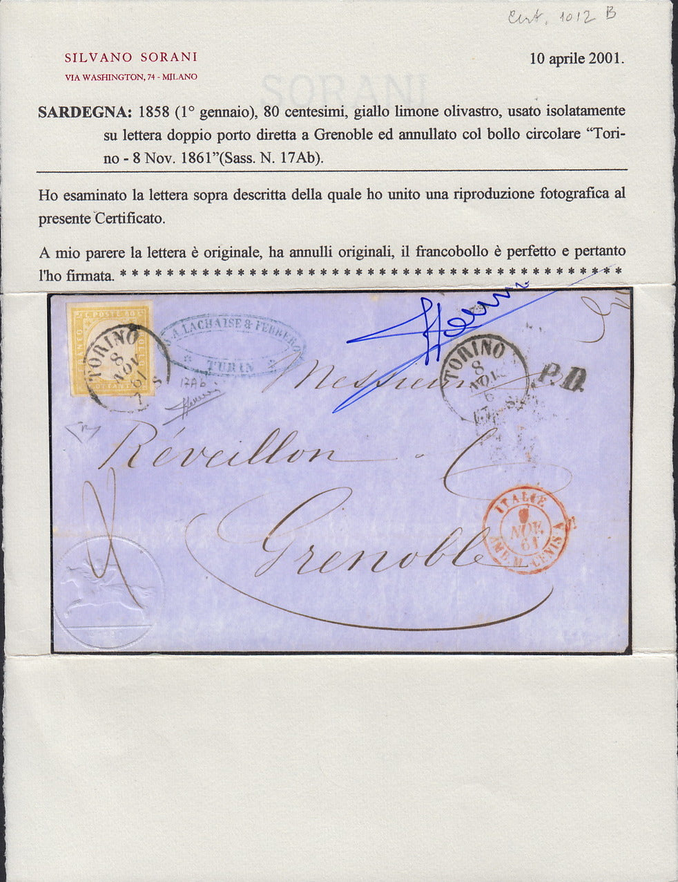 BA26_229 - 1861 - IV emissione c.80 giallo limone olivastro isolato su lettera da Torino per Grenoble 8/11/61 (17Ab)