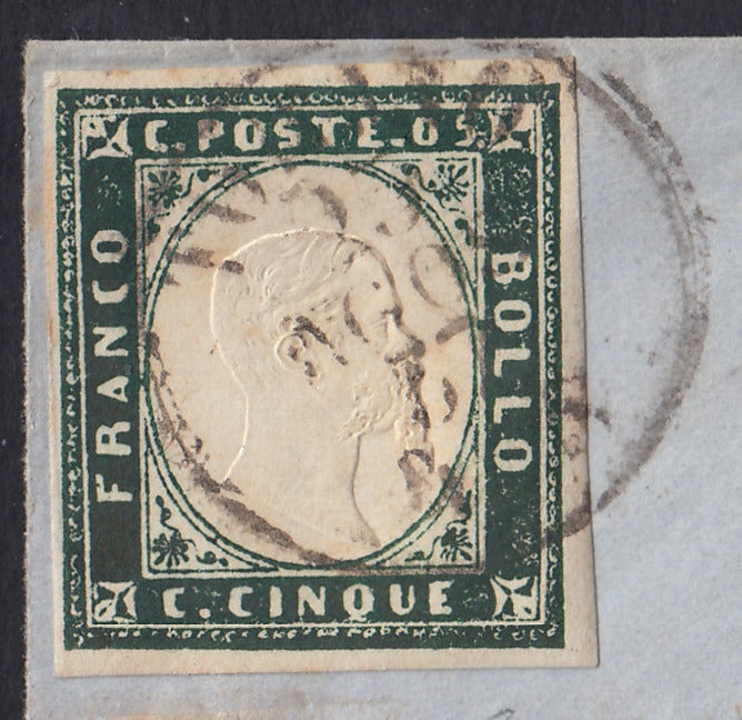 BA26_230 - 1857 - IV emissione c. 5 verde mirto scuro I composizione isolato su circolare da Torino per Casale 9/8/57 (13Ab)
