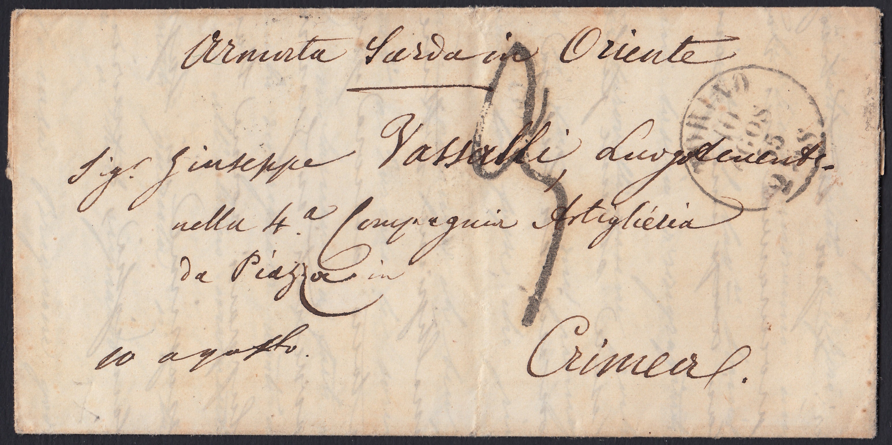 BA26_231 - 1855 - Guerra di Crimea, lettera non affrancata spedita da Torino per la Crimea 10/8/55