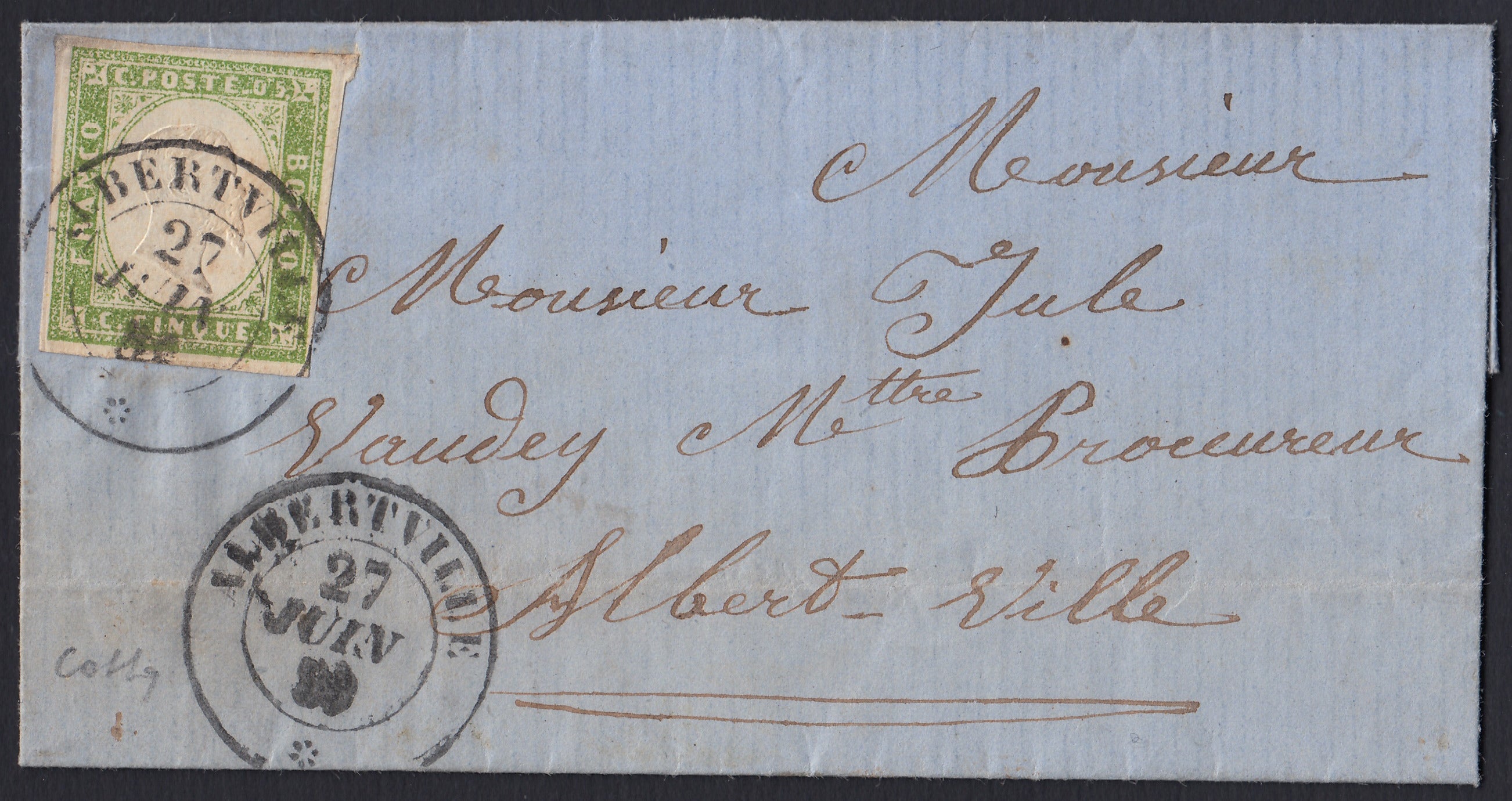 BA26_232 - 1857 - IV emissione c. 5 verde giallo chiaro stampa difettosa I composizione isolato su lettera da Albertville per città 27/6/59 (13Ah)