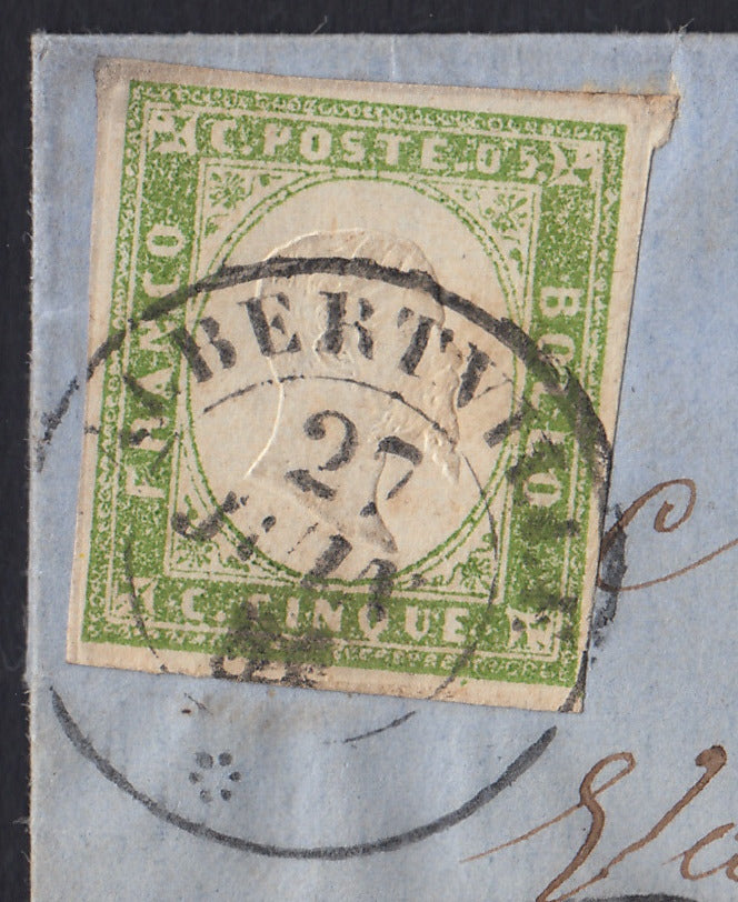 BA26_232 - 1857 - IV emissione c. 5 verde giallo chiaro stampa difettosa I composizione isolato su lettera da Albertville per città 27/6/59 (13Ah)
