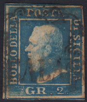 BA26_251 - 1859 - Effigie di Federico II di Borbone, 2 grana azzurro vivo I tavola carta di Napoli con annullo lineare di CALASCIBETTA + Ferro di cavallo (6f, R3)