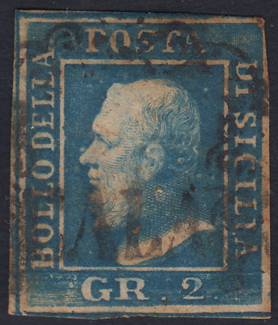 BA26_251 - 1859 - Effigie di Federico II di Borbone, 2 grana azzurro vivo I tavola carta di Napoli con annullo lineare di CALASCIBETTA + Ferro di cavallo (6f, R3)