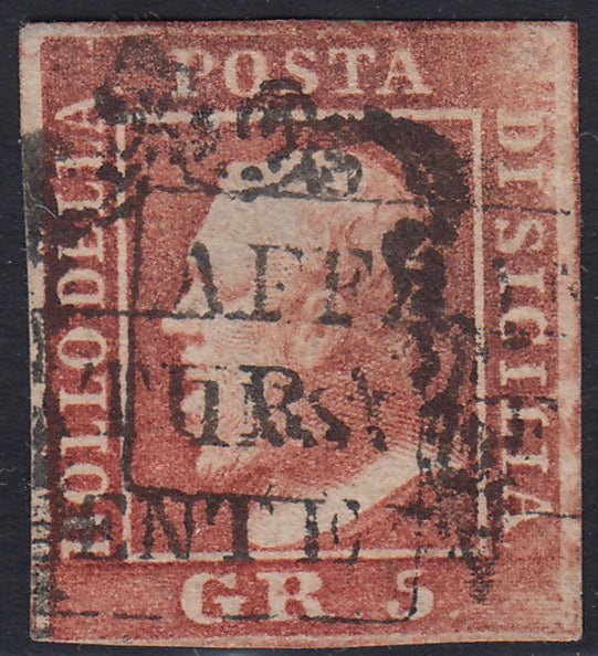 BA26_252 - 1859 - Effigie di Federico II di Borbone, 5 grana rosa carminio vivo I tavola carta di Napoli con annullo "AFFRANCATURA INSUFFICIENTE" + Ferro di Cavallo (9,p.ti 10)