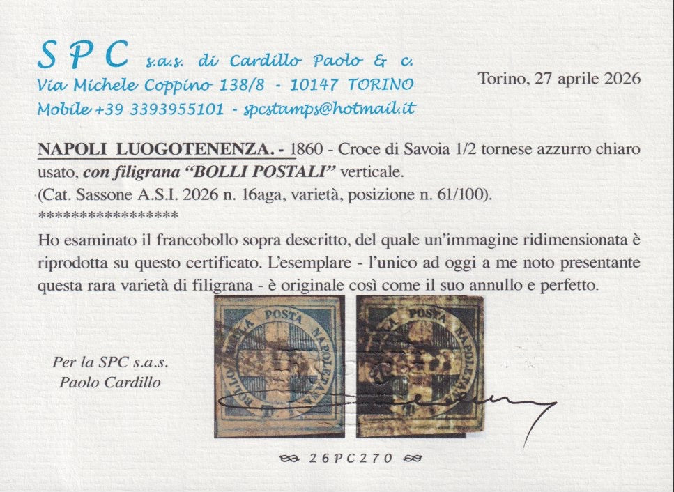 1860 - 1/2 tornese azul oscuro llamado "Croce di Savoia" utilizado en el periódico IL PAESE del 1/1/1861 (16b)