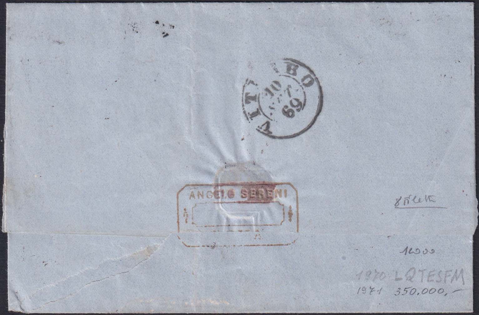 BA26_310 - 1869 - III emissione c. 10 arancio vermiglio con otto filetti di separazione su lettera da Roma per Viterbo, 9/9/69 (26da)