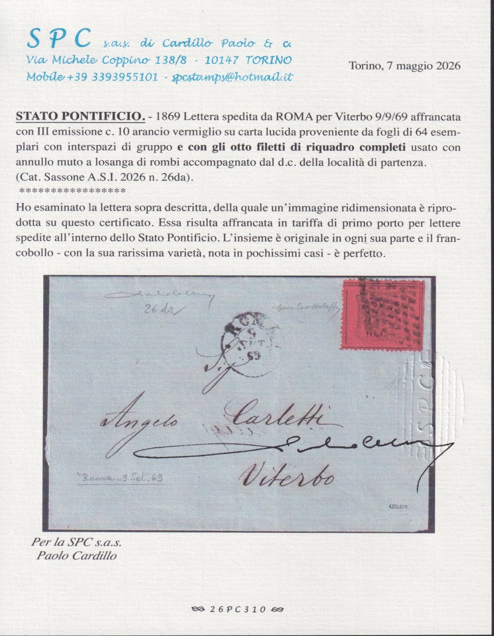 BA26_310 - 1869 - III emissione c. 10 arancio vermiglio con otto filetti di separazione su lettera da Roma per Viterbo, 9/9/69 (26da)