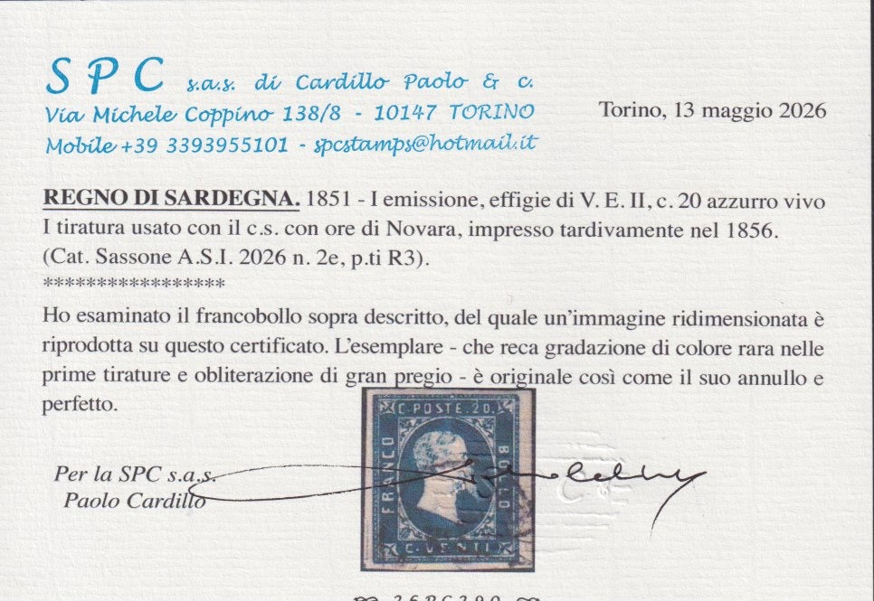 BA26_264 - 1851 - I emissione c. 20 azzurro vivo I tiratura usato con c.s. con ore di Novara nel 1856 (2e).