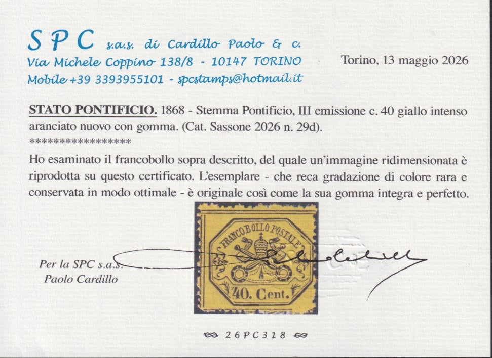 BA26_265 - 1868 - III emissione c. 40 giallo intenso aranciato nuovo con gomma integra, rarità! (29d).